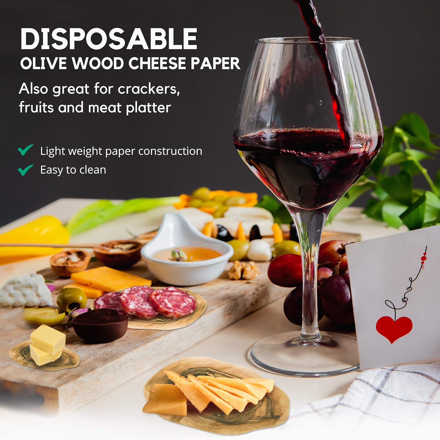 [25 Pack] Olive Wood Cheese Paper for Charcuterie Boards - 7 x 4.8” Cheeseboard Accessories, Disposable Grease Resistant Decorative Parchment Sheets for Serving Tray Crackers Fruits Sushi Meat Platter
