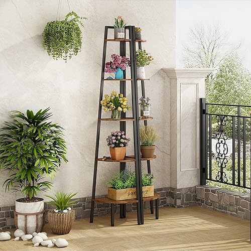 Miniatura 7 de Hoctieon - Estantería de esquina de 5 niveles, estantería rústica de escalera, estante de exhibición industrial para sala de estar, cocina, oficina