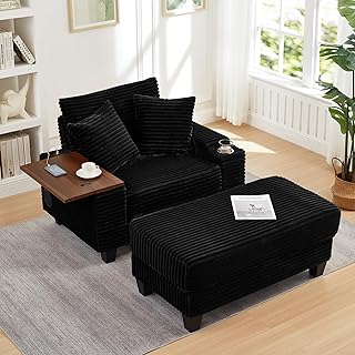 KEIKI Corduroy Storage Armrest Sofa, Single Versatile Seat with Ottoman, Cup Holder,Bluetooth Speaker, USB Ports, 180°Rotating Table Board, Oversize Couch for Living Room, Black
