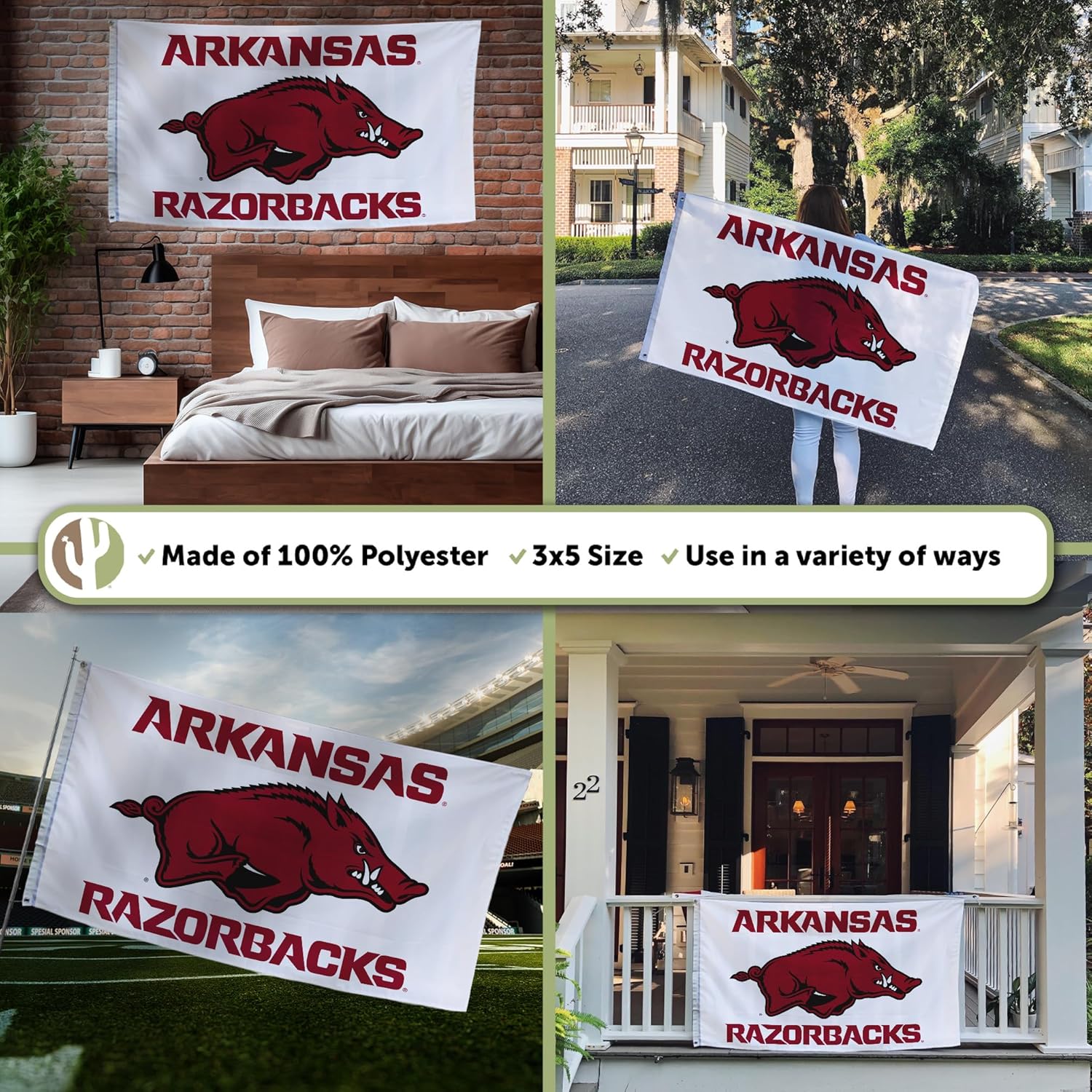Desert Cactus University of Arkansas UA Flag - 3 x 5 Feet Razorbacks Banner, Indoor/Outdoor Durable Fabric, 100% Polyester Design (Style S) - Image 3