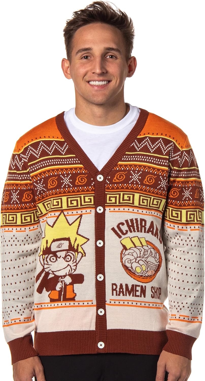 Naruto Shippuden Men's Ichiraku Ramen Shop Ugly Sweater for Christmas Button-Up Knit Cardigan