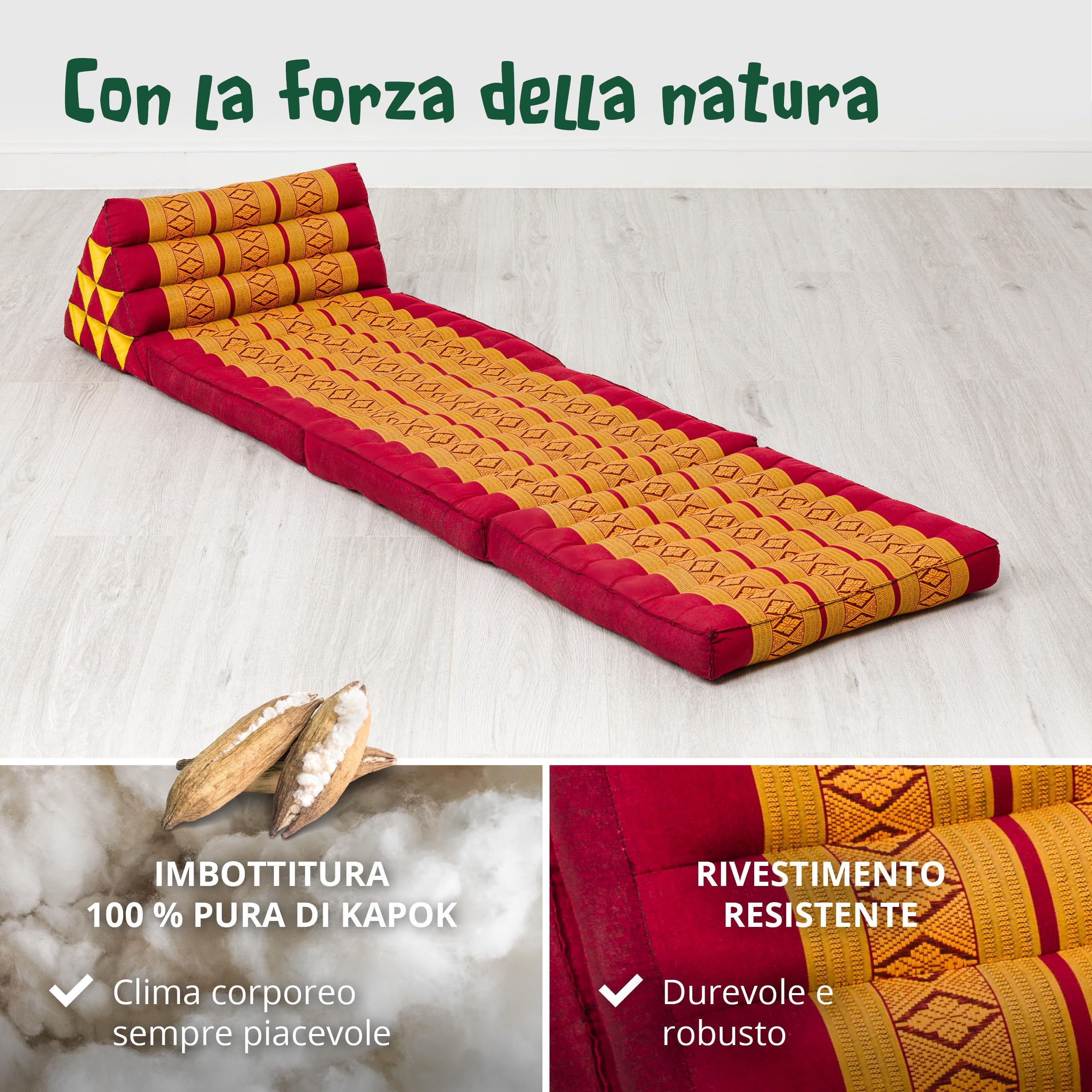 livasia cuscino thai a 3 segmenti - 175x50x8cm - cuscino triangolare con materasso pieghevole, cuneo kapok, supporto lombare pieghevole, tappetino thai, fatto a mano (Rosso/Giallo)