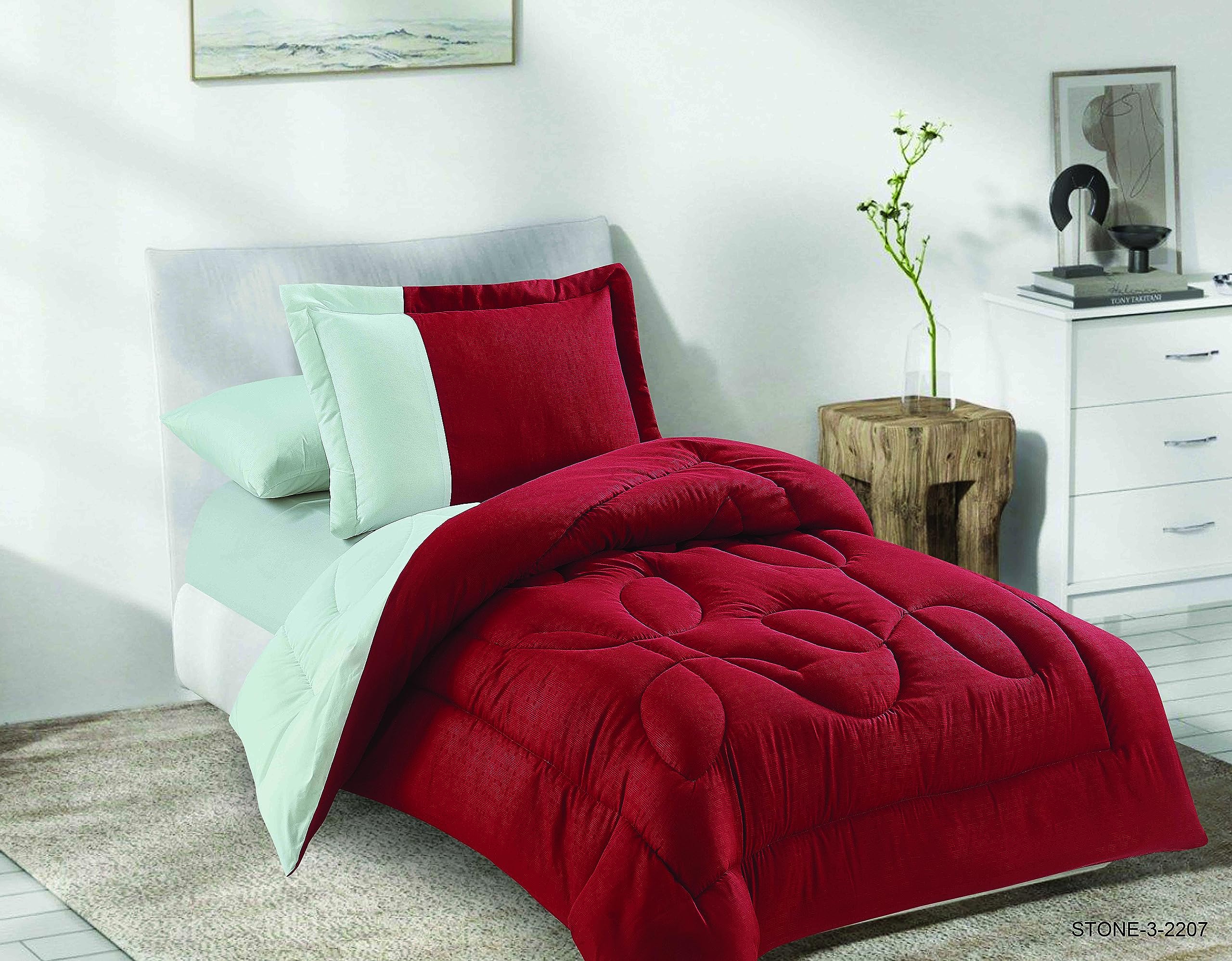 EliteHomeElite Home 4 Piece Single Comforter Set (160 cm x 220 cm) with 1 Comforter, 1 Pillow Case, 1 Pillow shams & 1 Fitted Sheet (Burgundy, Single)