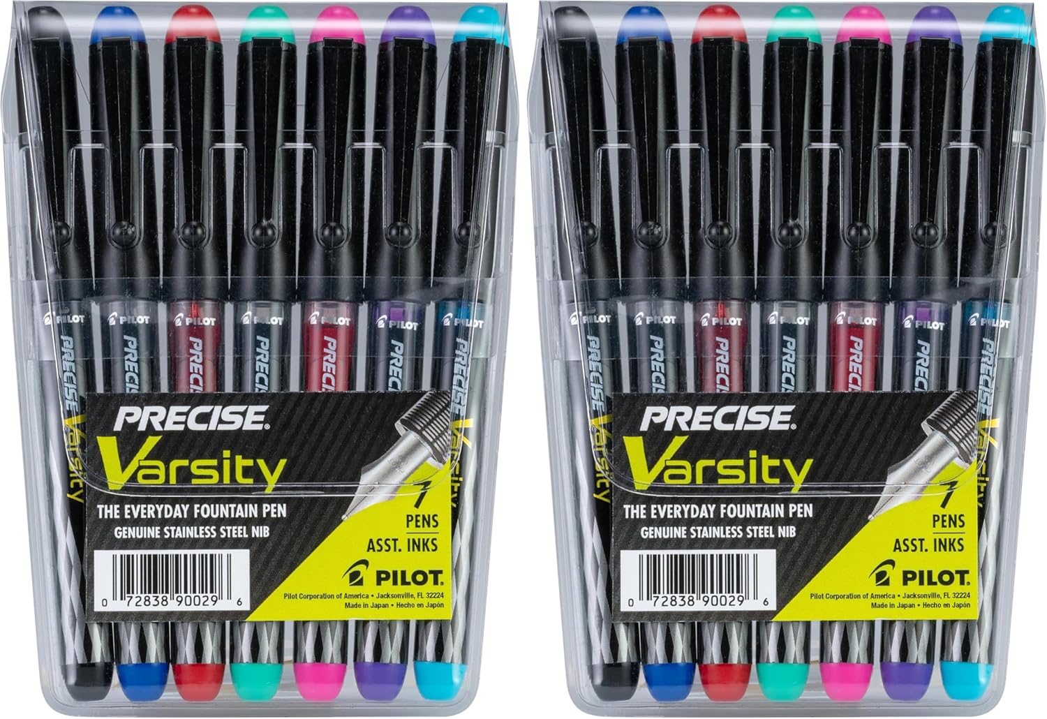 PILOT Pen 90029 Precise Varsity Pre-Filled Fountain Pens,Medium Point Stainless Steel Nib,Black/Blue/Red/Pink/Green/Purple/Turquoise,Pouch,7 Count (Pack of 2)