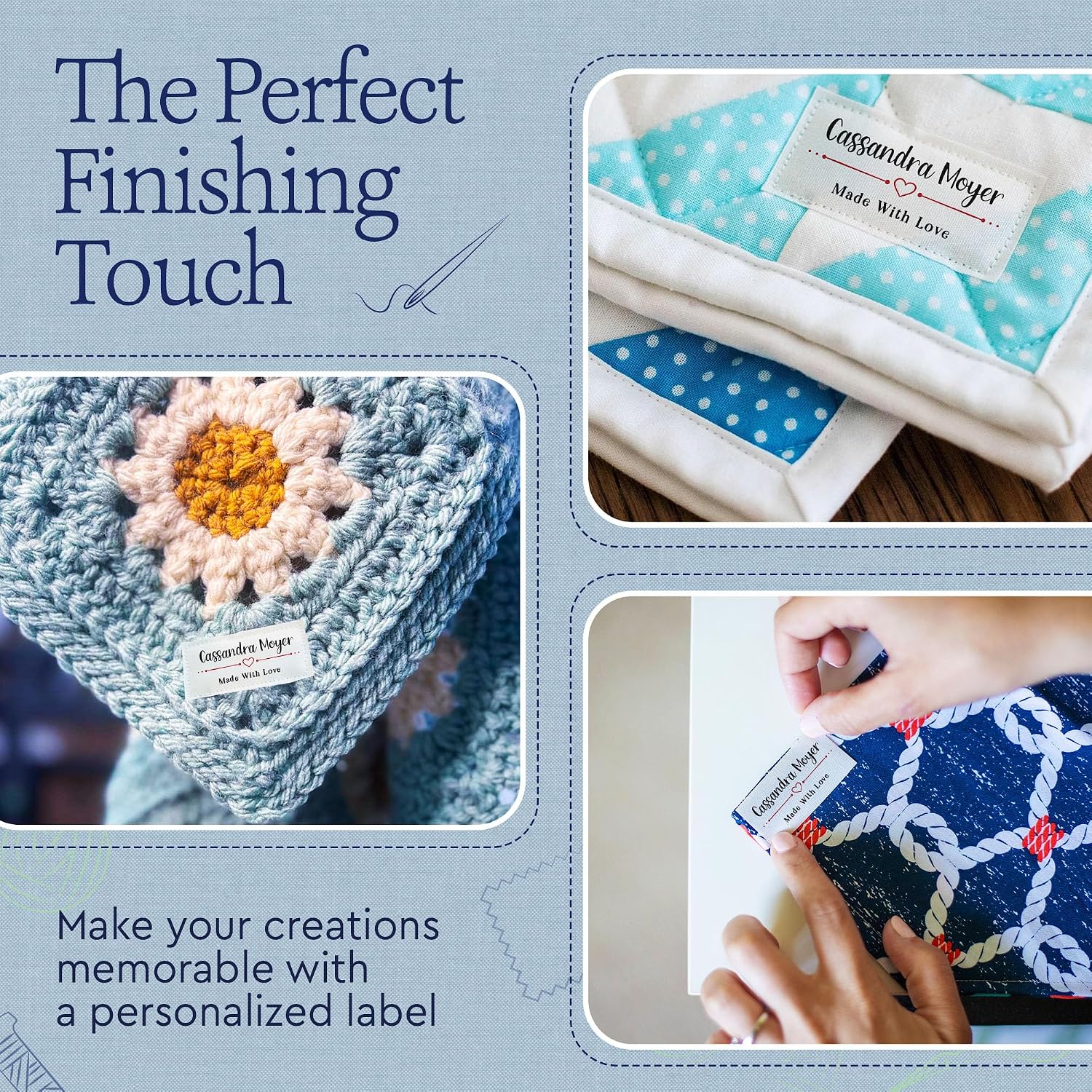 1”x2” Personalized Sewing Labels Set of 40, Custom Cotton Fabric Tags – Sew On or Iron On – Ideal for Quilters, Knitters, and Crafters – Machine Washable - Modern Heart