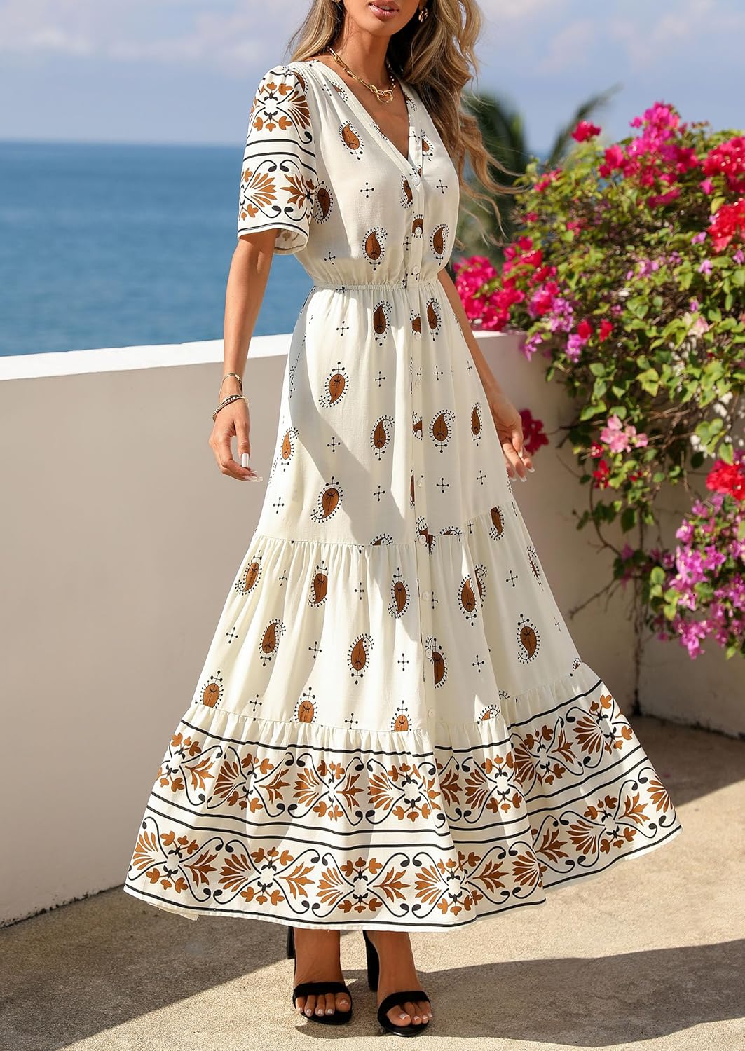 PRETTYGARDEN Womens Summer Boho Maxi Dress 2026 Trendy Short Sleeve V Neck Flowy Beach Floral Dresses with Pockets - Image 2