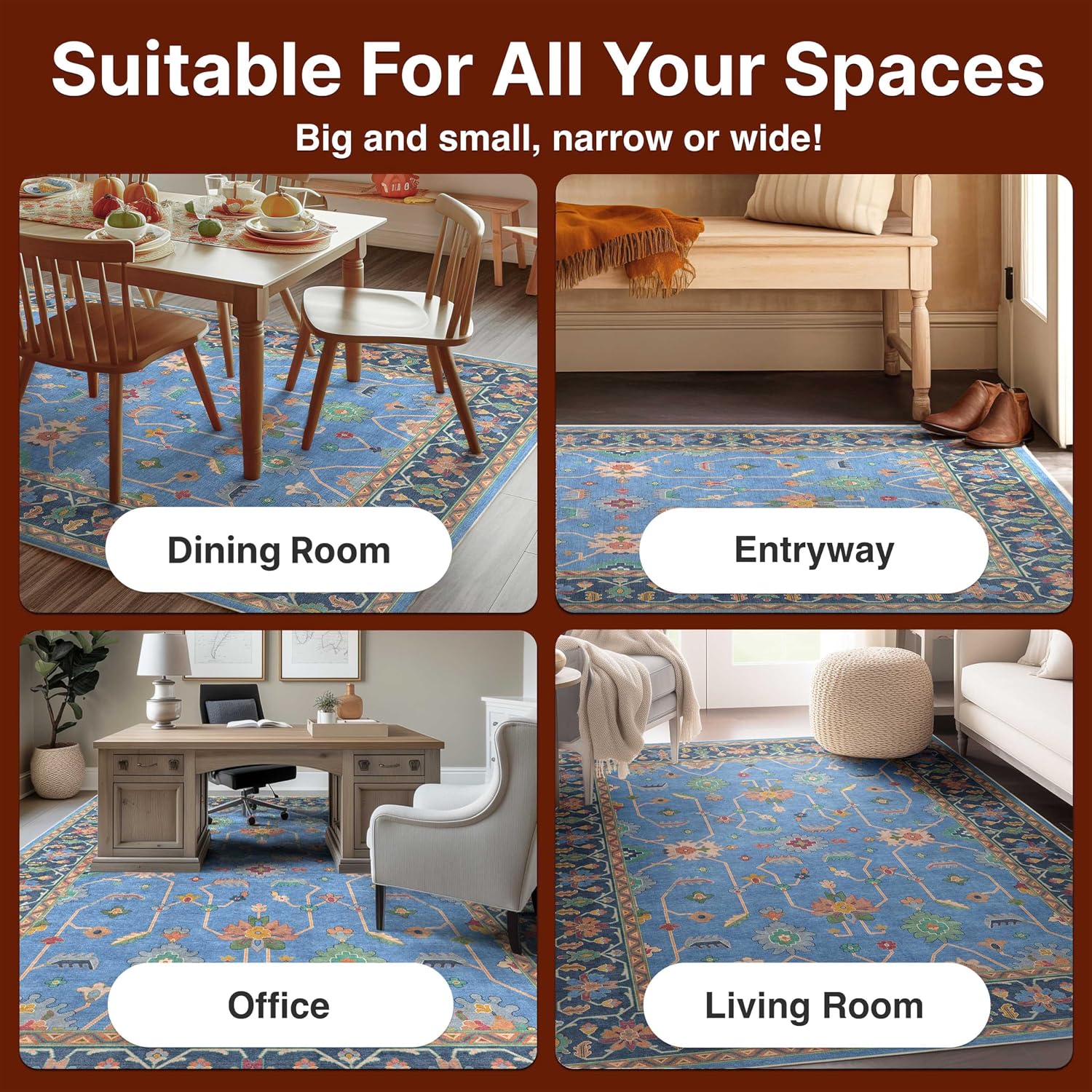 Well Woven Ushak Antalya Blue 7'7" x 9'10" Area Rug for Large Living Room and Dining Room - Modern Vintage Boho Design, Easy Clean, Floor-Friendly Backing