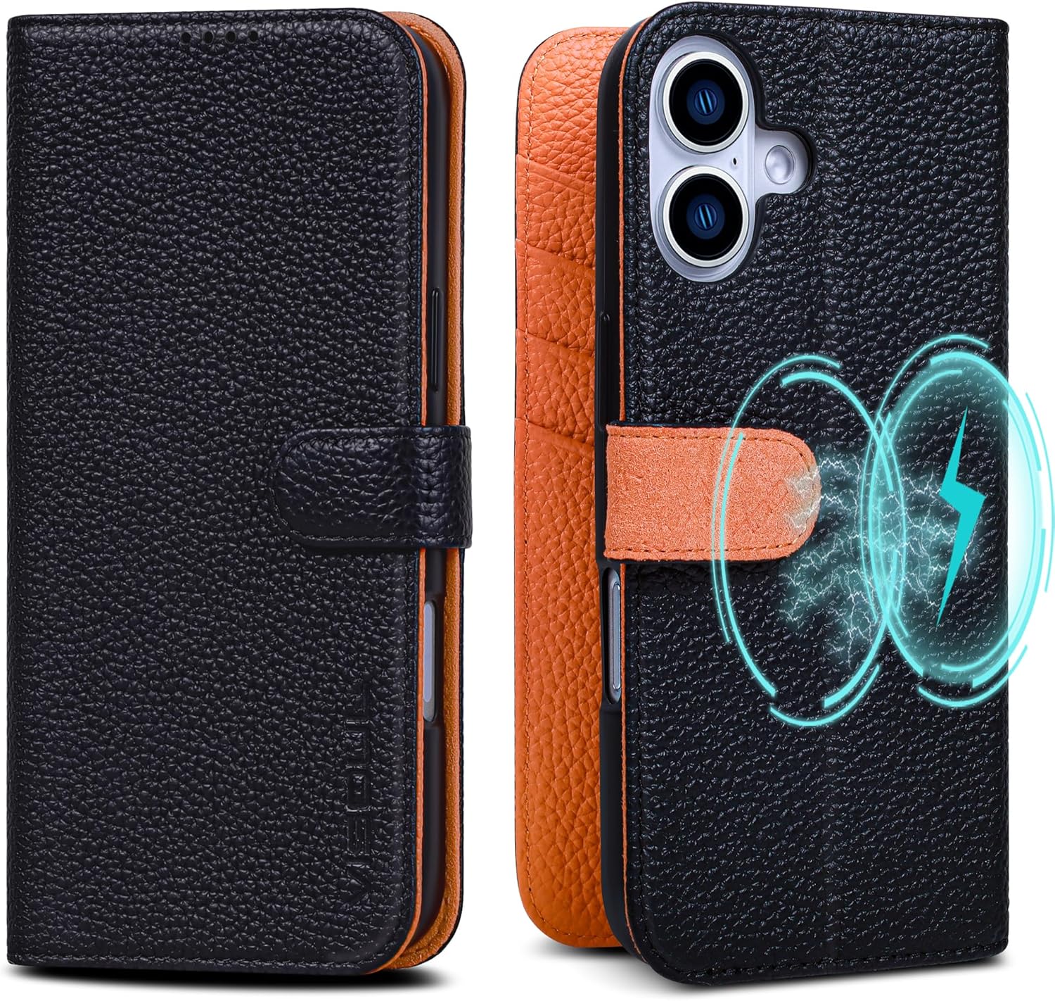 VISOUL Phone Case Wallet for iPhone 16 Plus, Pebbled Genuine Leather Magnetic Wallet Case with Card Holders Kickstand Shockproof Folio Cover Designed for iPhone 16 Plus (6.7”)-Black+Orange-Magnetic