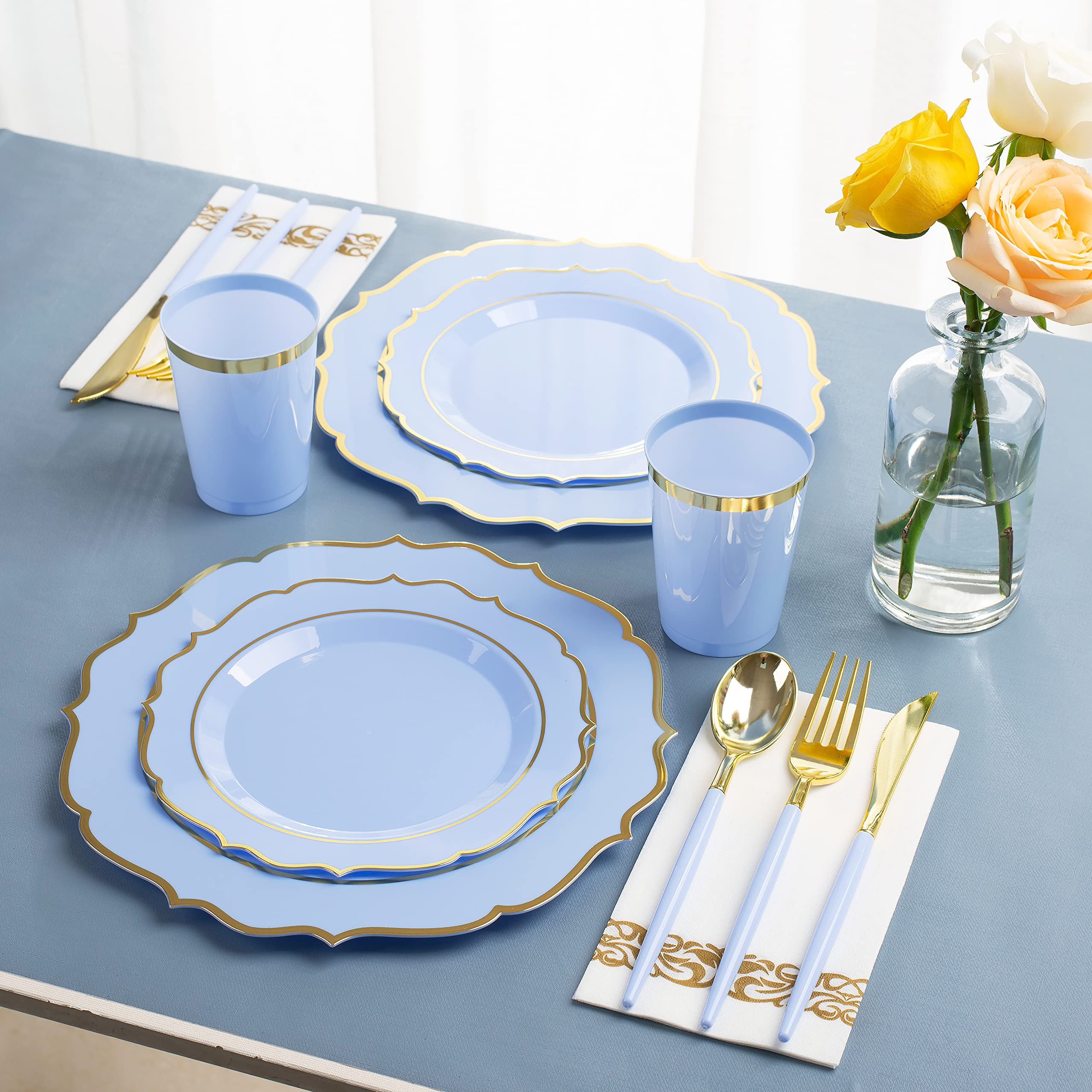 PREM-QUAL 175Pcs Blue Plastic Plates -25 Light Blue Plates, 25 Dessert Plates, 25 Cups, 25 Forks, 25 Knives, 25 Spoons, 25 Napkins, Baby Blue Plates, Baby Shower Plates and Cups and Napkins Sets