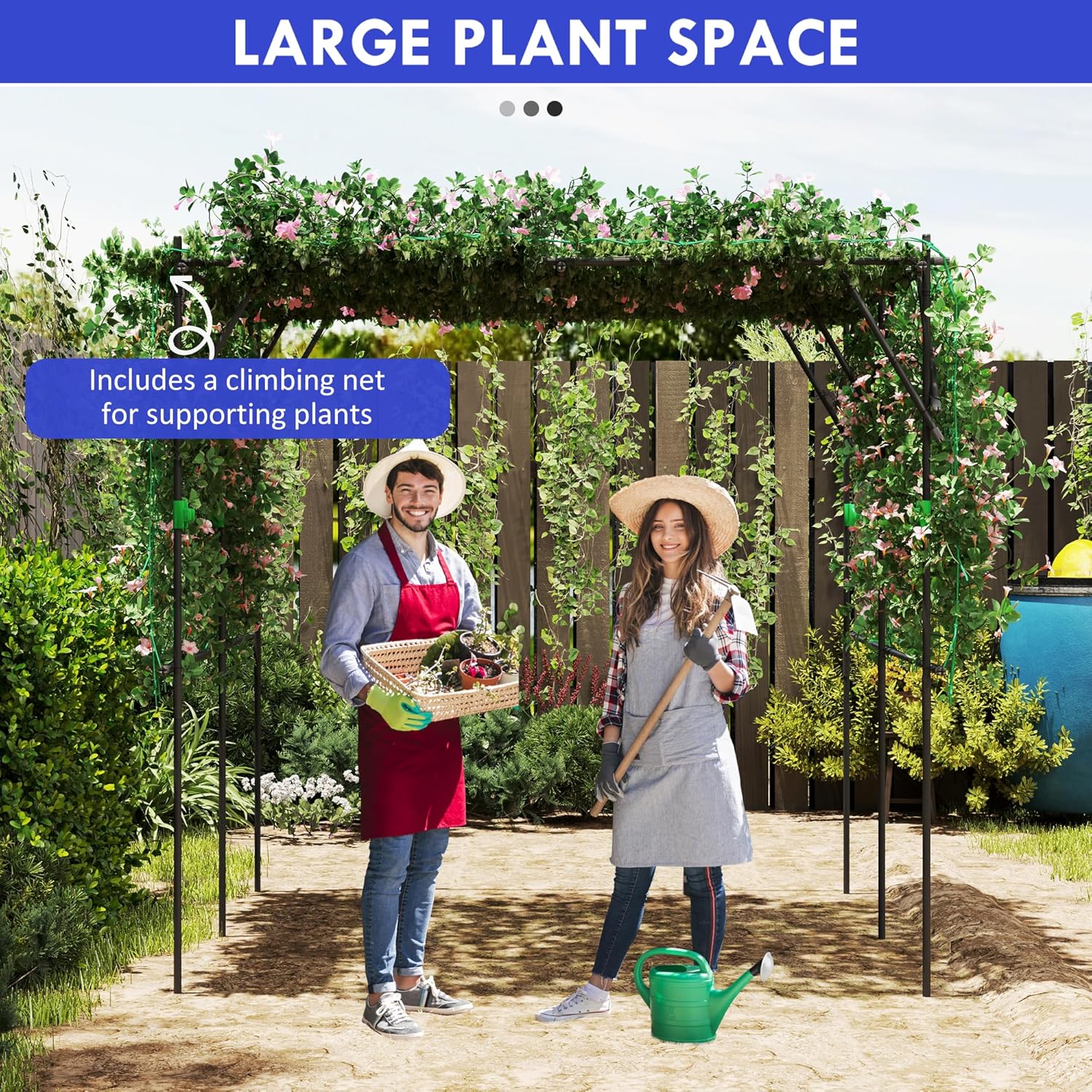 Outsunny Garden Arch Trellis, 7.3 FT Tall Plant Trellis Support, Outdoor Cucumber Trellis with Climbing Net for Climbing Plants, Vegetables, Flowers, Black