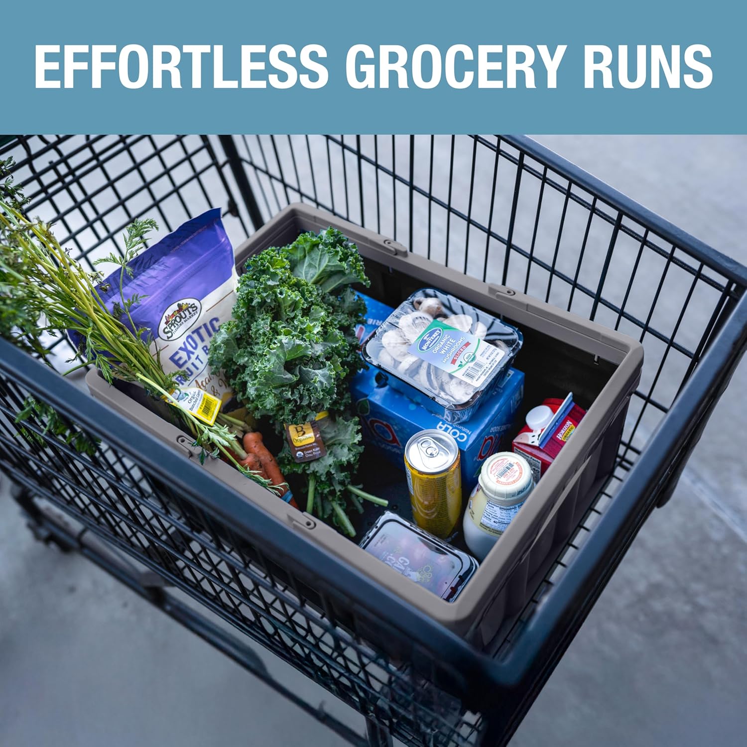 CleverMade Collapsible Shopping Basket 32L – Folding Grocery Basket with Handles, Stackable Reusable Storage Crate with 35 lb Capacity, Recycled Plastic, Car Trunk Organizer - Stone Gray