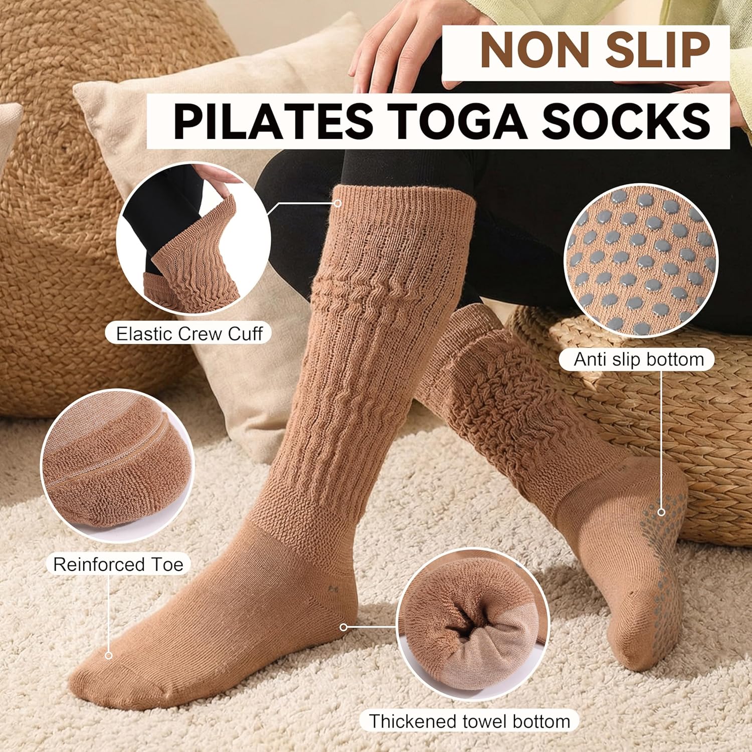 3 Pairs Pilates Socks for Women with Grip Non-Slip Grippy Yoga Slouch Barre Workout Long Slipper Socks - Image 8
