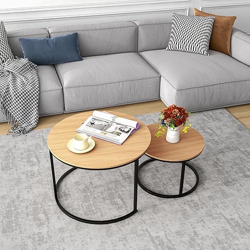 Miniatura 79 de HOJINLINERO Juego de 2 mesas de centro redondas para sala de estar, mesa de centro pequeña negra, mesa de estar, mesas anidables con marco de metal,