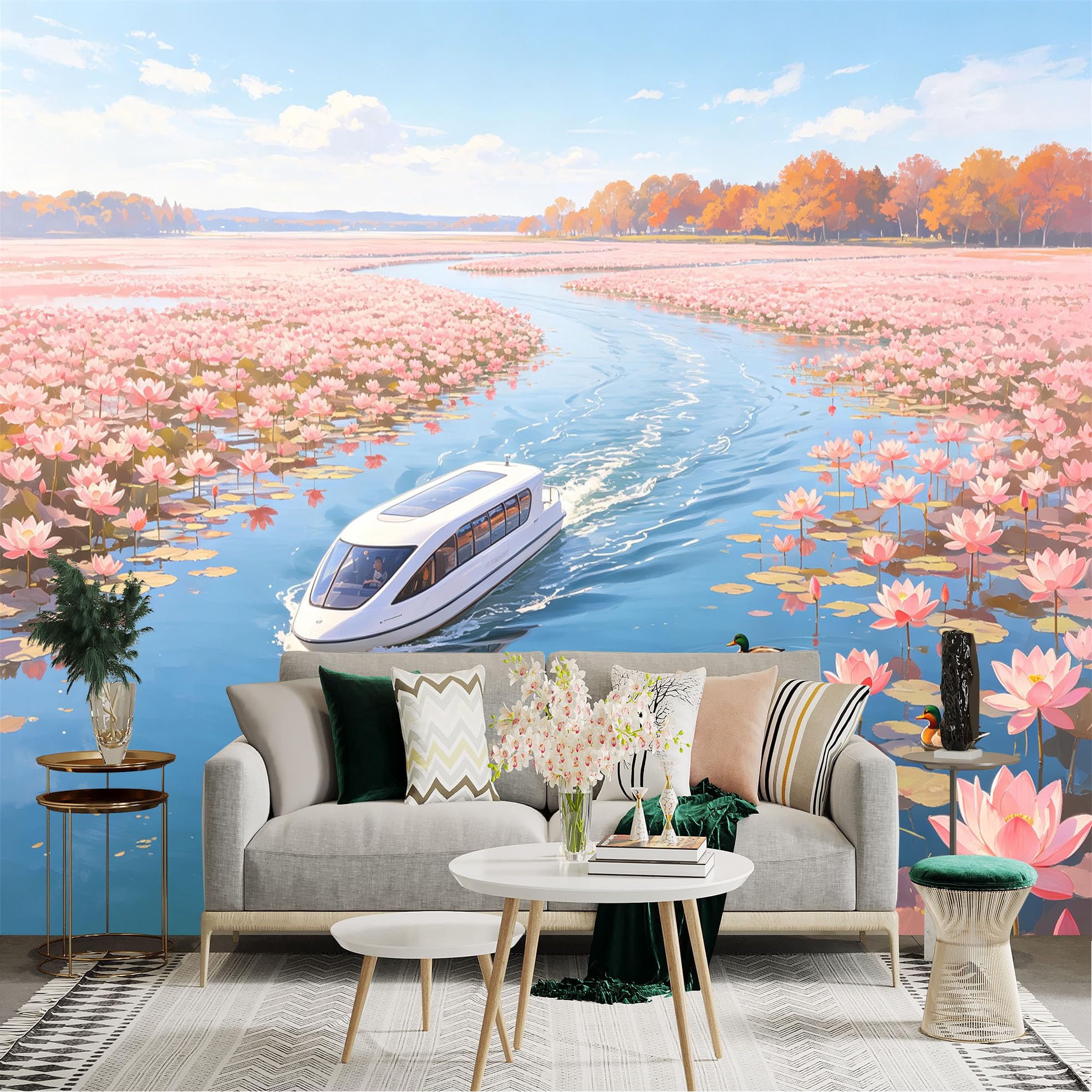 Custom Size Wall Sticker Mural， Modern Cruise Boat Sailing on Lotus Pond， Scenic Water Lilies and Ducks， for wall Decoration， peelandstick wall Decals.