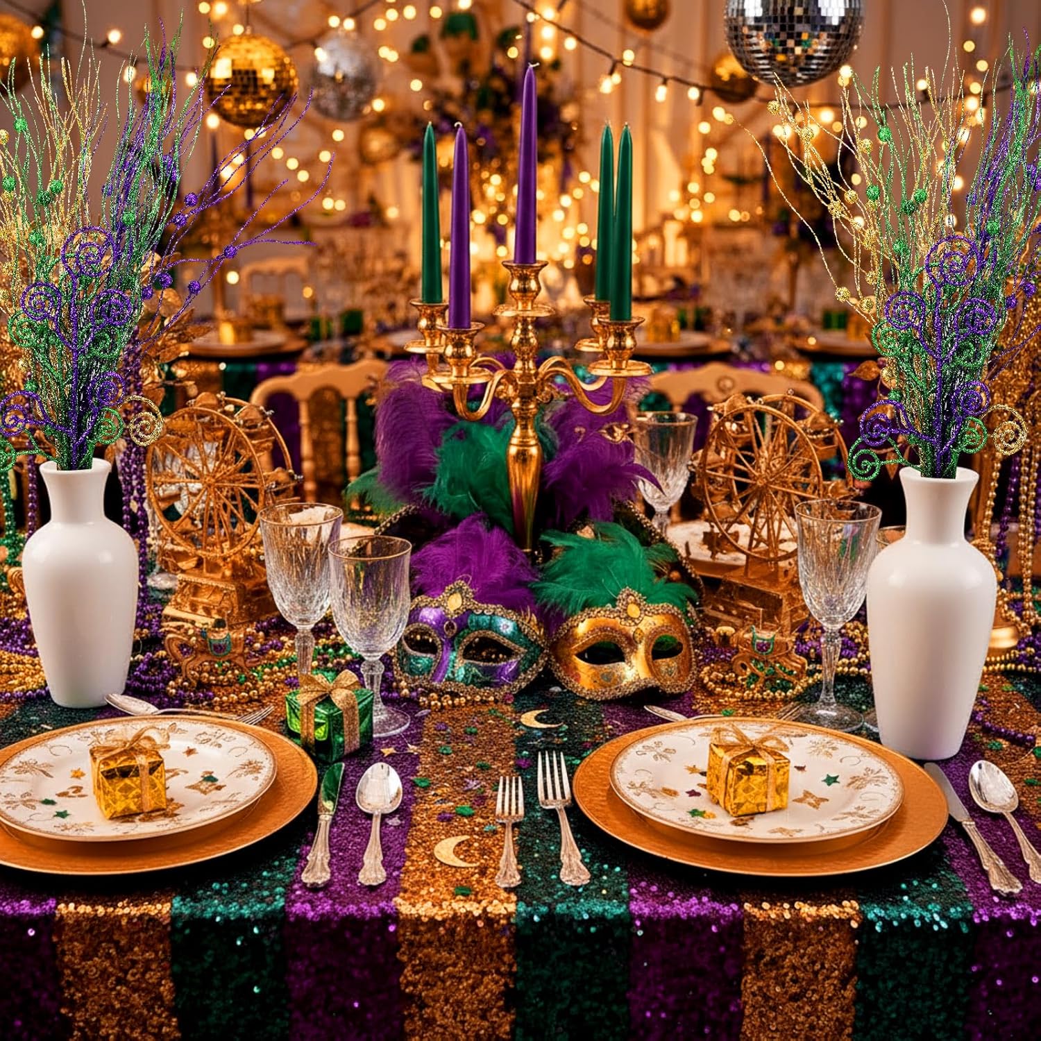 Suncalla 48 Pcs Mardi Gras Berry Stems Tree Ornaments Glitter Purple Green Gold Carnival Artificial Stems Sprays Candy Picks Shiny Curly Sticks Branches for Mardi Gras Wreath Crafts Vase Filler