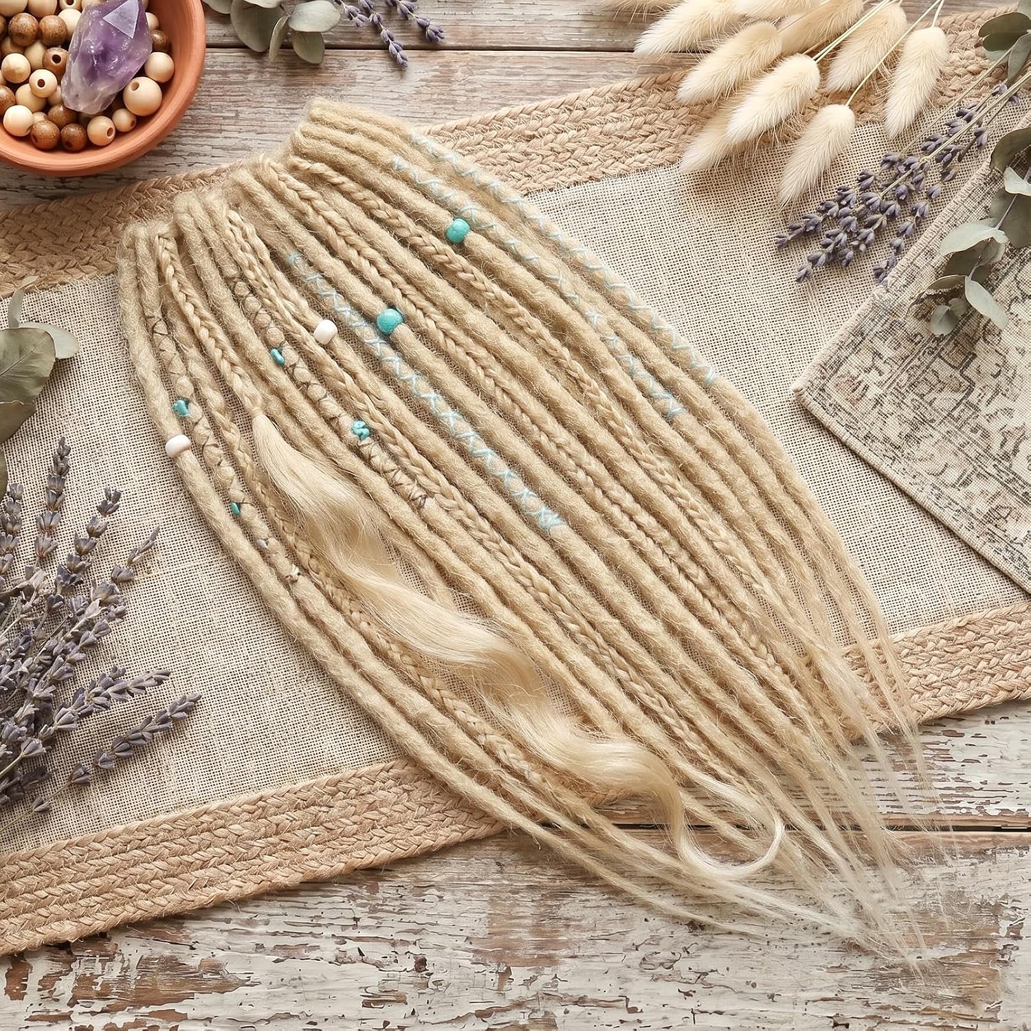 REECHO Dreadlock Extensions - 4PCS 20" Boho Clip in Braid Hair Extensions with Beads 100% Handcrafted Hairpiece for Women Festival Cosplay Beach Daily Styling,Light Blonde