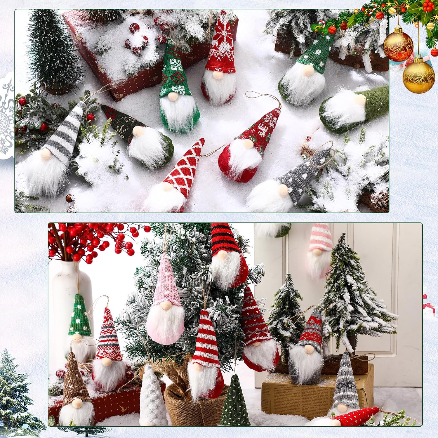 Hiboom 36 Pcs Christmas Ornaments Gnomes Bulk, Christmas Tree Gnome Decorations Hanging Handmade Swedish Plush Santa Scandinavian Beard Design for Home Xmas Holidays Decor