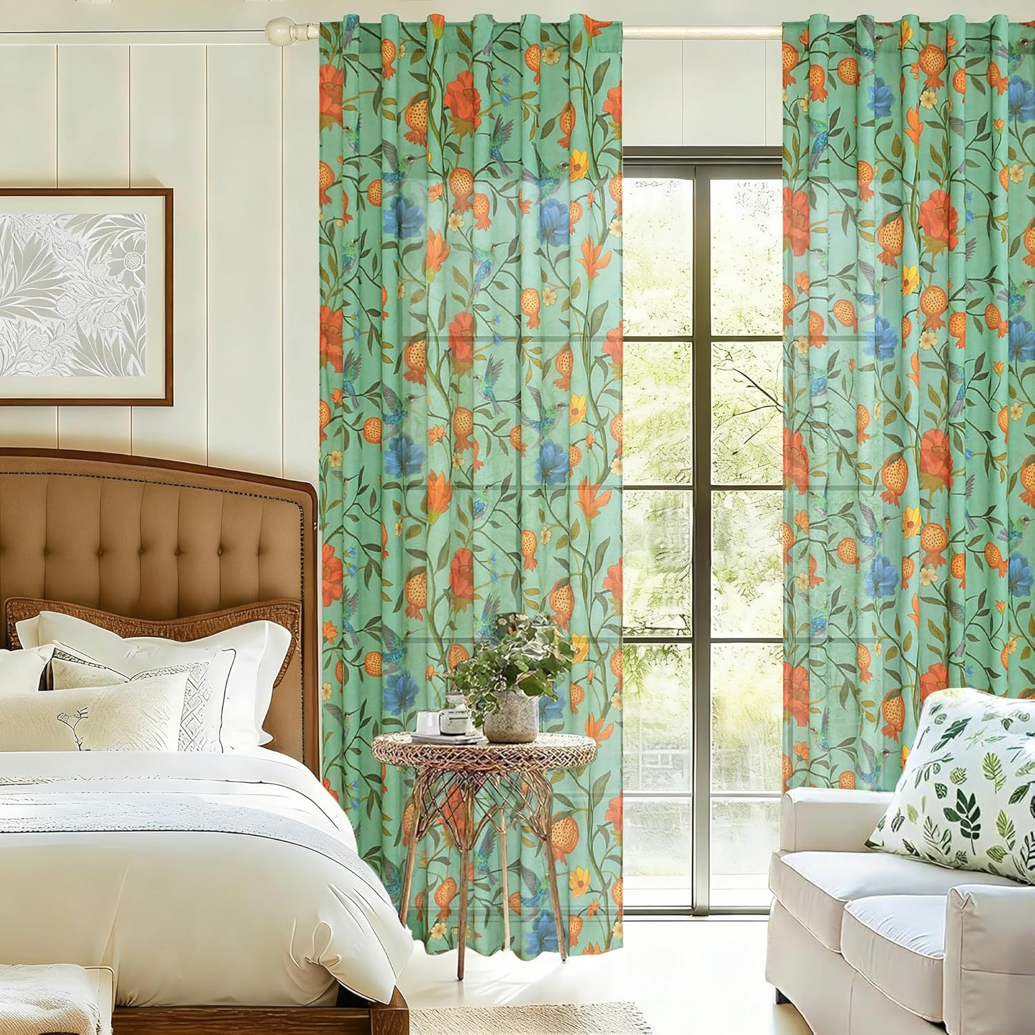JOOJA Green Floral Linen Curtains, Boho Whimsical Bird Print Curtains for Bedroom Window Colorful Patterned Sheer Curtains for Living Room Kitchen 2 Panels 63 Inches Long