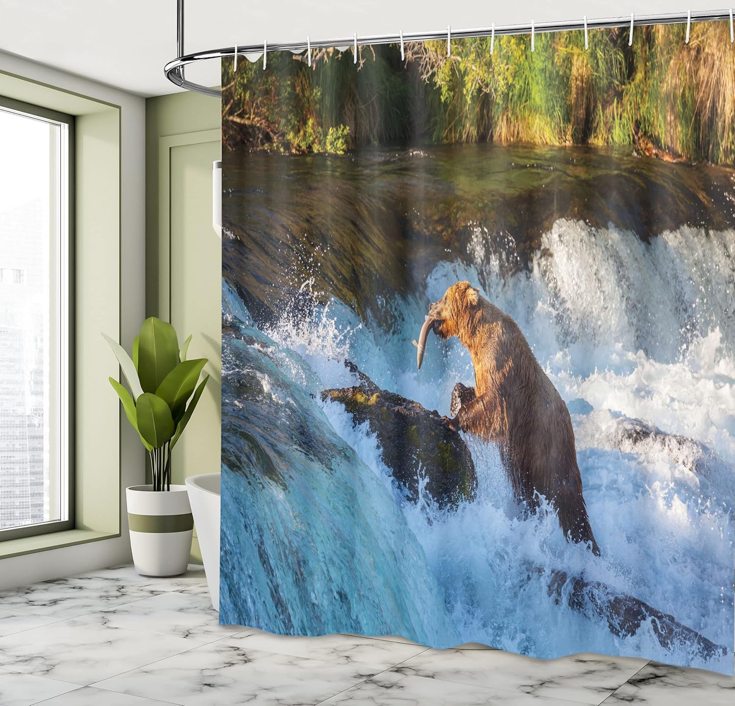 Ambesonne Waterfall Shower Curtain, Image of Large Bear by a Rock in Alaska Waterfall Wildlife in Earth Art Print, Cloth Fabric Bathroom Decor Set with Hooks, 69" W x 75" L, Soft Blue Brown