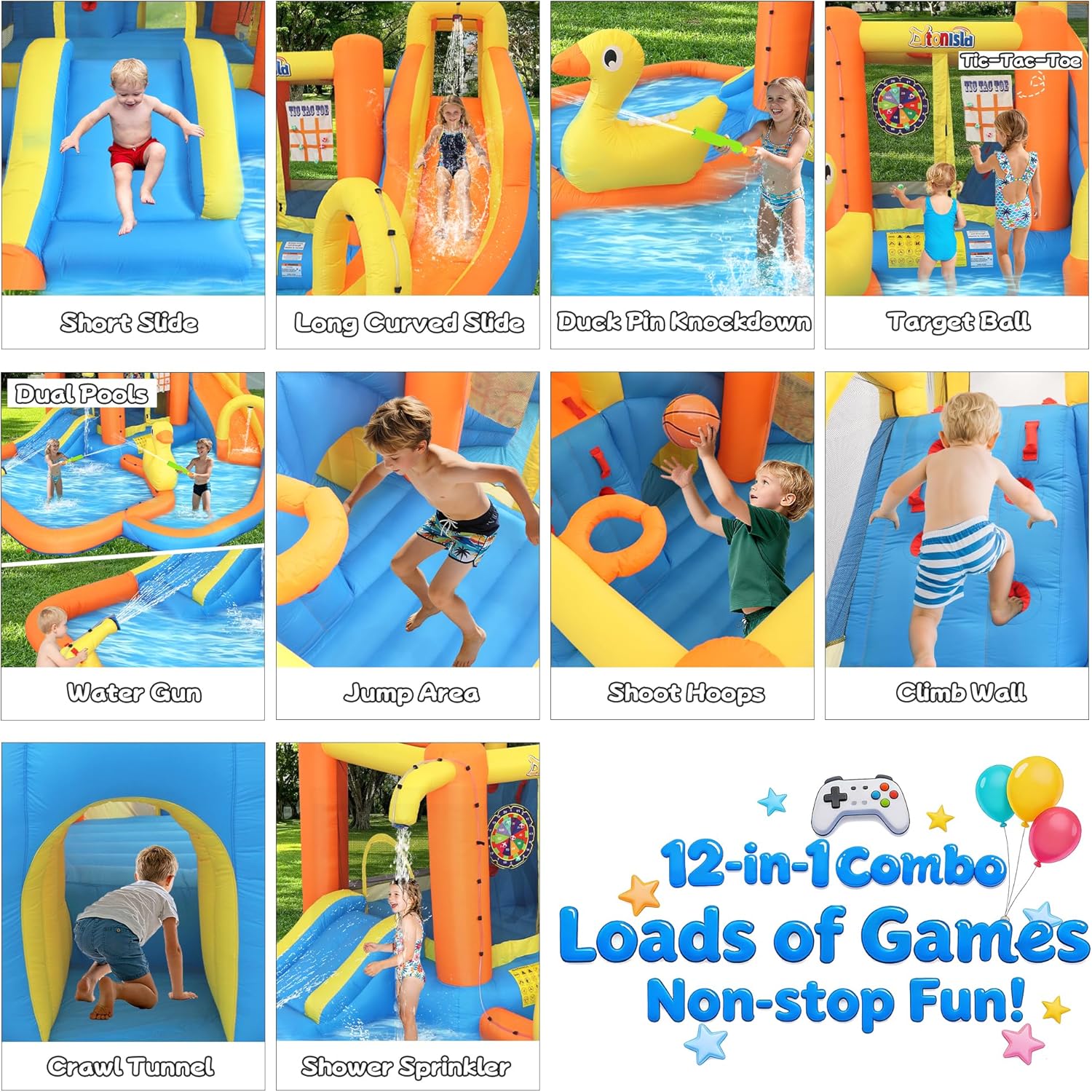 Inflatable Water Slide Bounce House for Kids Ages 3-10, 180*176*93Inch Backyard Water Park with Curved Slide & Water Curtain, Splash Pool A/B Zone, Water Cannon, Basketball Hoop, 520W Blower