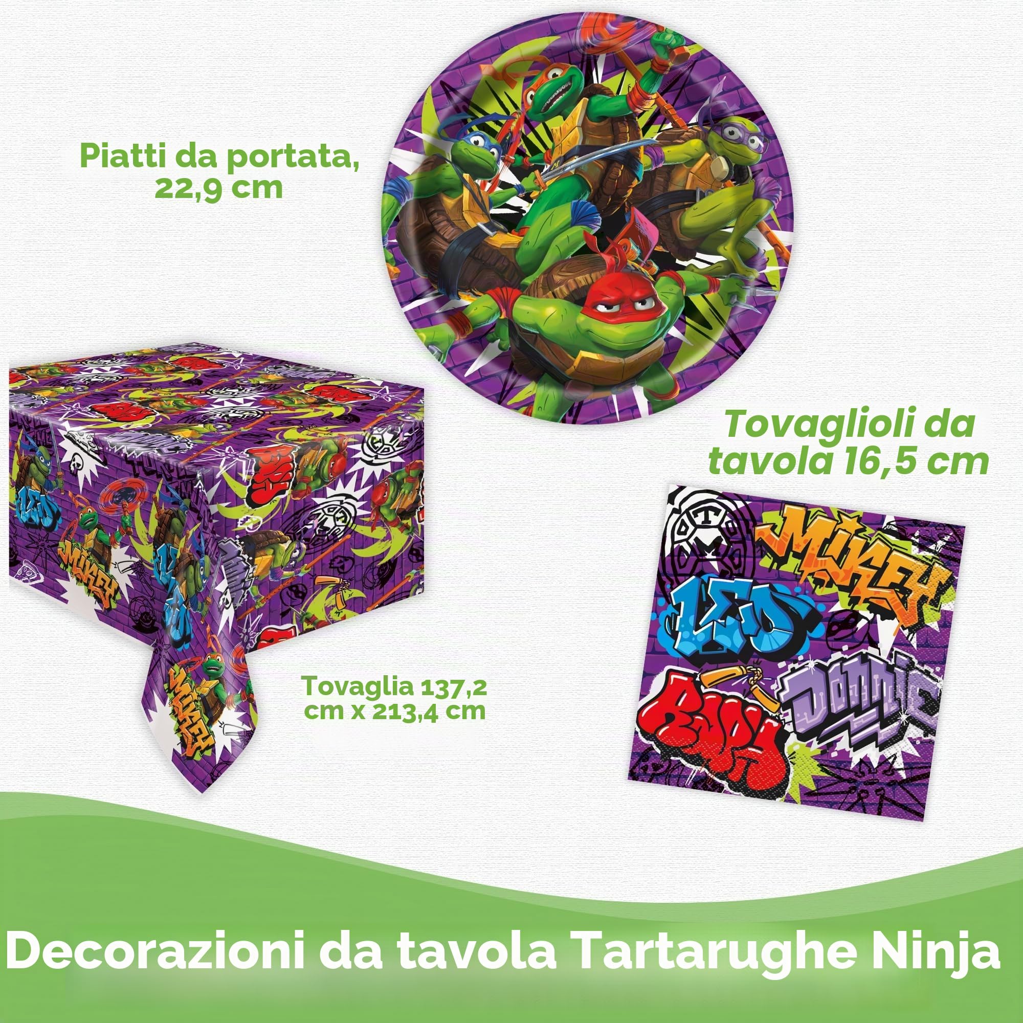 TMNT Mutant Mutant Mayhem Movie - Decorazioni per feste con tartarughe ninja, 16 ospiti, piatti e tovaglioli, tovaglia, striscione, Tartarughe Ninja