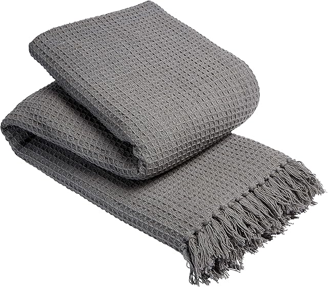 LIZZIE JACOBS New Lisbon 100% Cotton Throws Waffle Style Luxurious Super Soft Warm Cosy Sofa Bed Settee Chair Travel Blankets (Single - 127 x 152 cm, Grey)