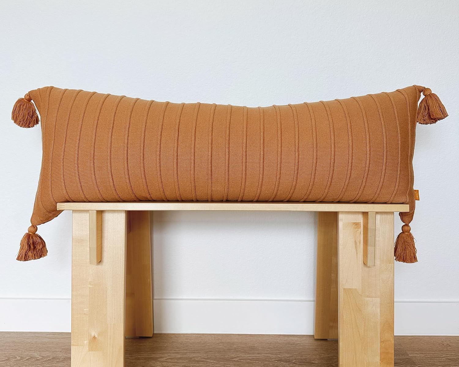 14x36 Cotton Knit Lumbar Pillow Cover – Ribbed Texture with Tassels, Decorative Accent for Bed or Sofa (Neutral)