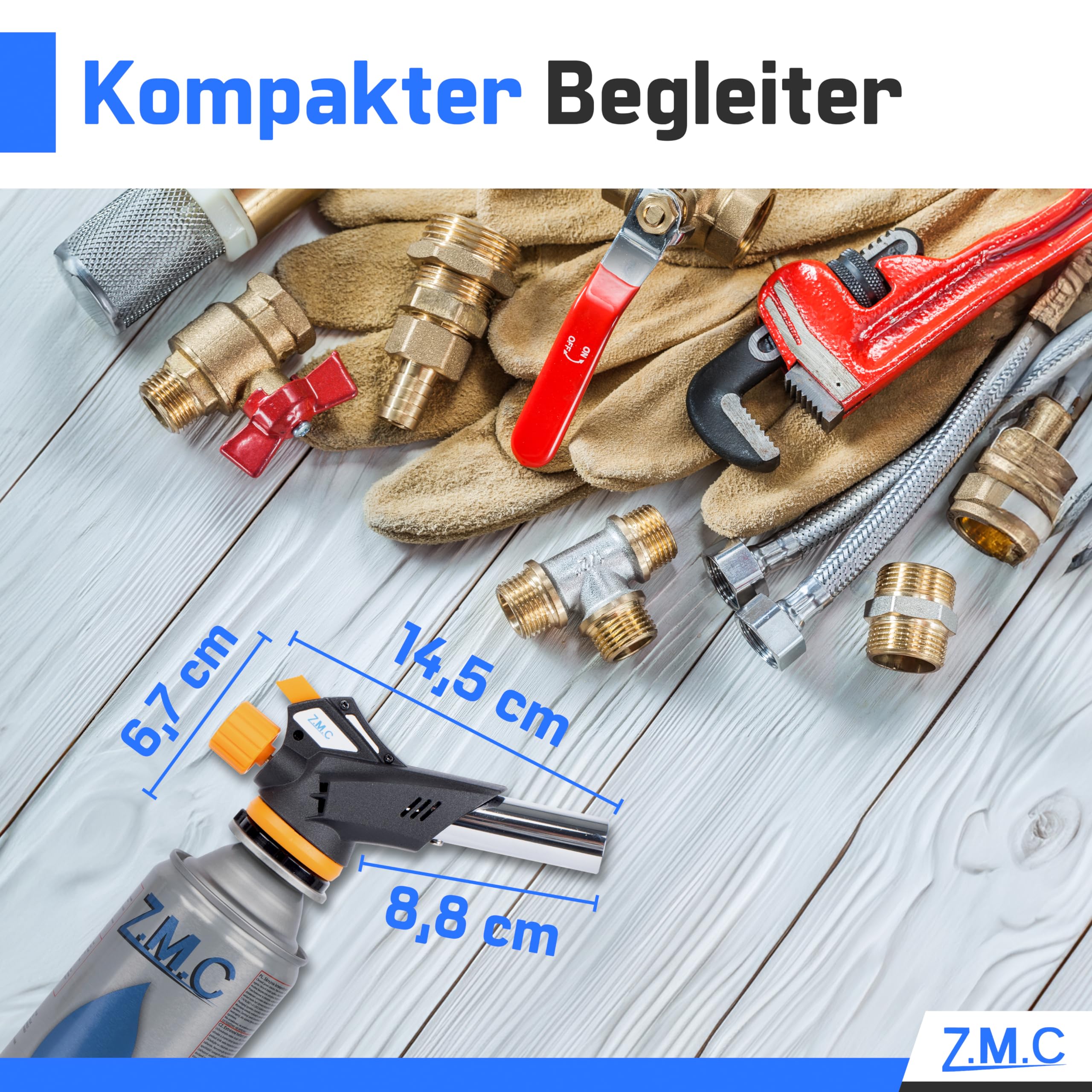 Z.M.C Bruciatore a gas 1,3kW + 12 cartucce gas 227g, bruciatore per fiamma, temperatura fino a 1300°C, becco Bunsen, torcia saldatrice con accensione piezoelettrica, bruciatore da cucina con fiamma