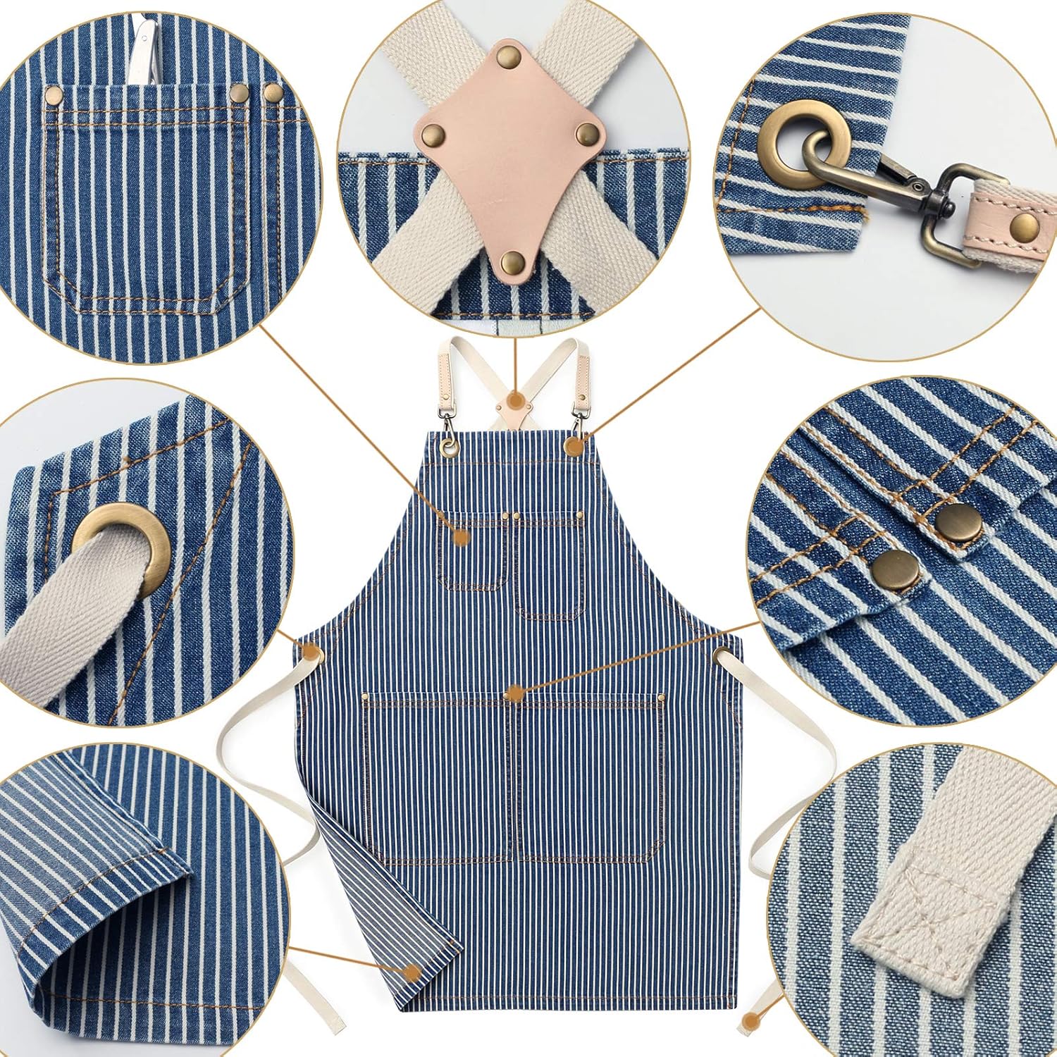 Jeanerlor - Womens Work Barber Shop Cooking Apron for Kitchen Hairstylist with 4 Pockets for Women Cross Straps & Adjustable S to M (Blue Striped) - Image 2