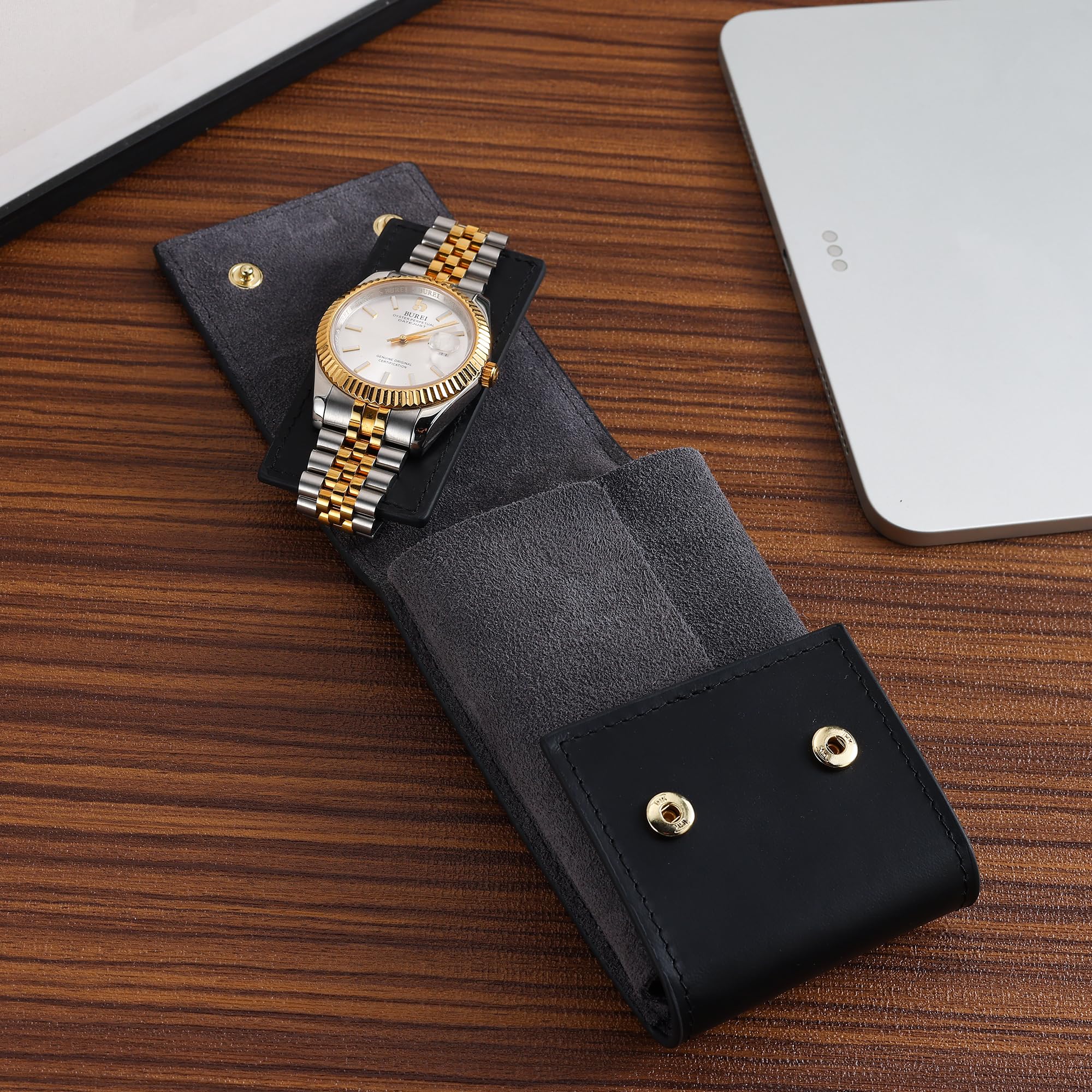 BUREI Leder Uhrenetui Tragbare Uhren Reisetasche Einzeluhr Reisetasche Uhrentasche Unterwegs Aufbewahrungstasche für Damen und Herren(Schwarz Grau)