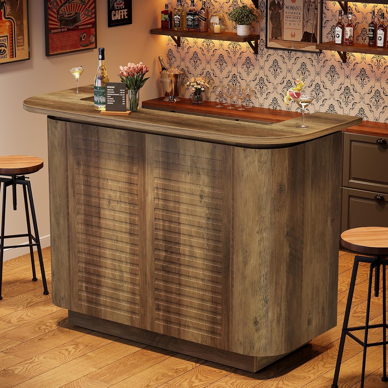 Tribesigns 5-Tier Bar Cabinet with Storage, 37.4" Counter Height Bar Pub Table with 5 Cubbies Storage, U-Shaped Home Bar Unit for Kitchen, Dining Room, Bistro, Rustic Brown