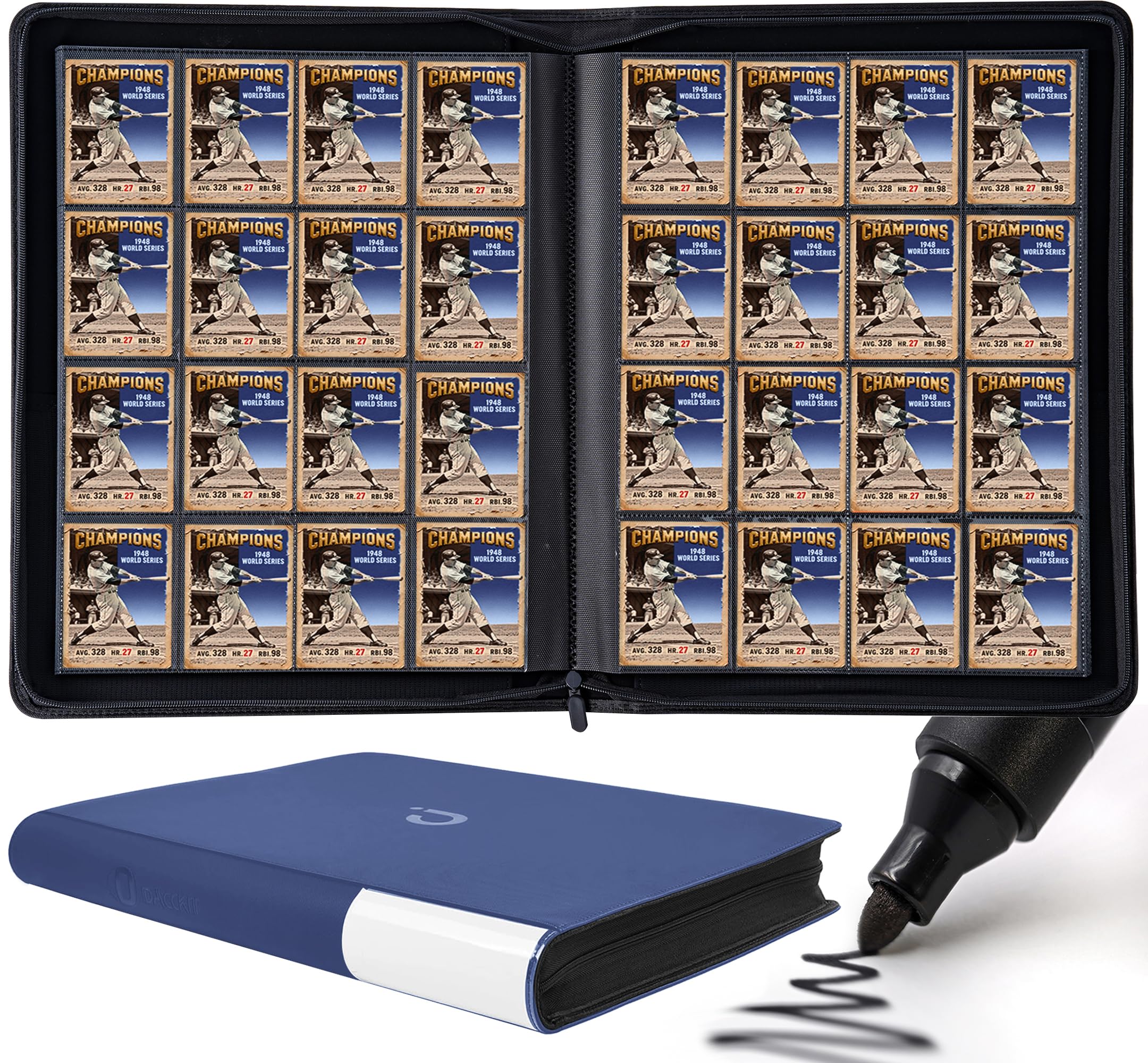 Premium Card Binder 16 Pocket - Fits 1600 Cards, 4x4 Ringless Card Album with Sleeves Compatible with Trading & Sports Cards (Navy Blue)