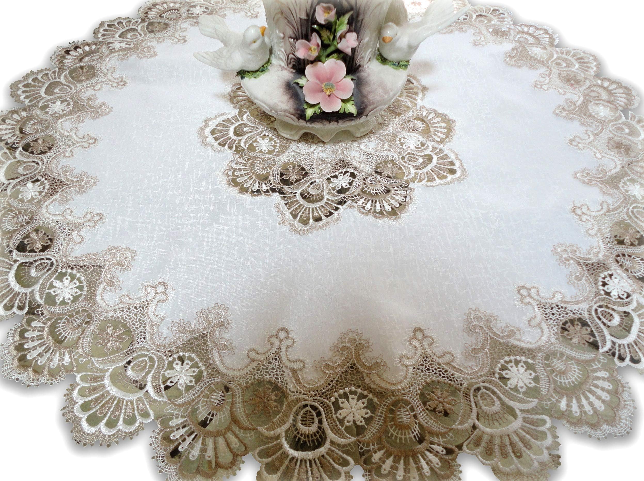 36" X-Large Lace Doily Table Topper Scarf Cocoa Brown Neutrals & White Tablecloth Round Dresser Scarf