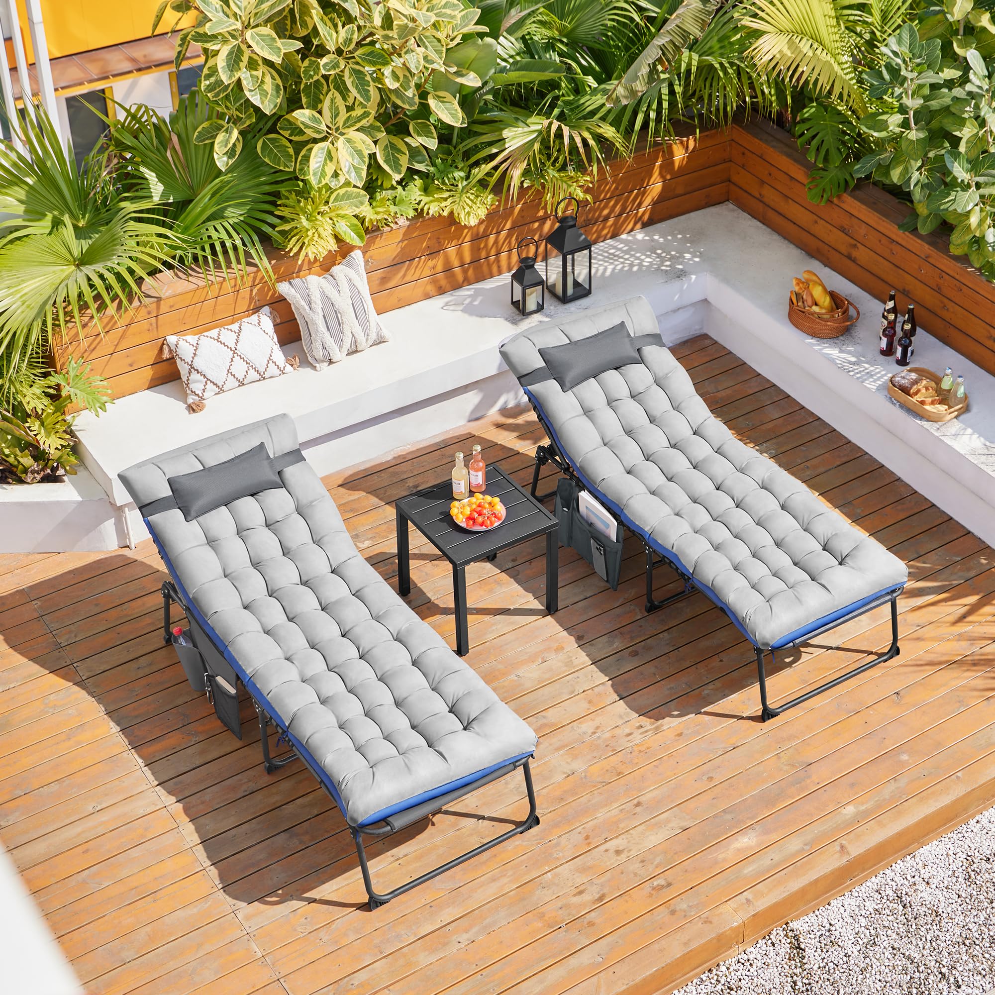 Abician Transat Jardin Exterieur Inclinable à 5 Positions avec Matelas Bains de Soleil Pliable Multifonctionnel avec Appuie-tête, Poche pour Lecture Bronzer Le Dos Piscine Plage Patio Terrasse