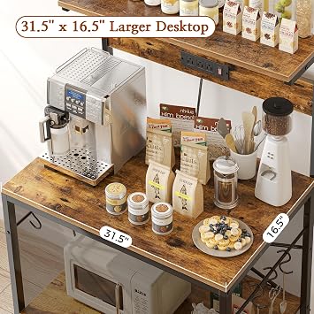 SUPERJARE Bakers Rack with Outlet Microwave Stand 31.5 x 16.5 Inch Large Desktop Kitchen Storage Rack with Adjustable Middle Shelf 6 S Hooks Coffee Bar Stand Rustic Brown