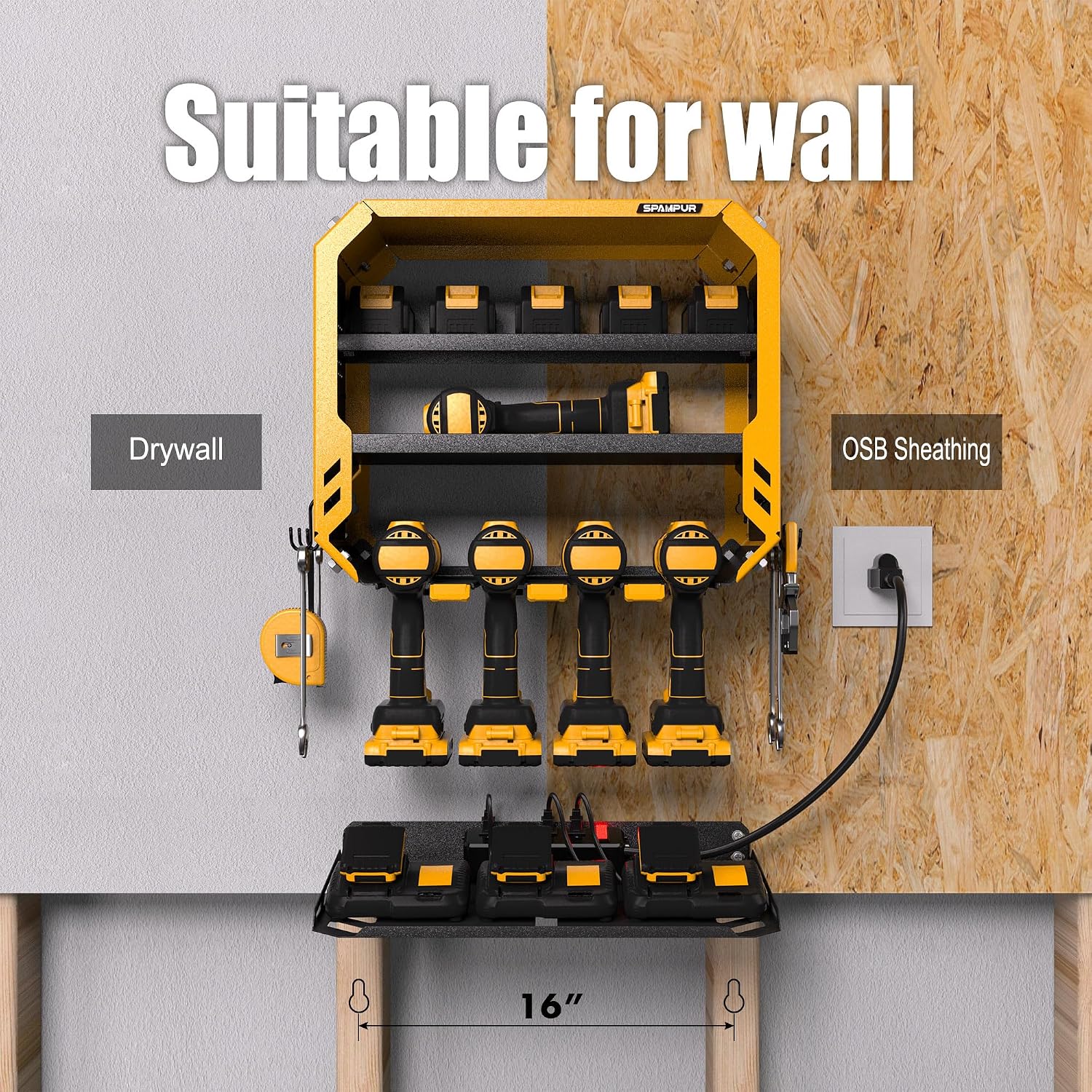Spampur Tool Organizer Storage Wall Mount, Tool Shelves Drill Holder for Men, Metal Sturdy Steel Rack Saves Space in Workshop/Garage Organizes Power Tools, Screwdrivers, Gadgets, Floating Shelving