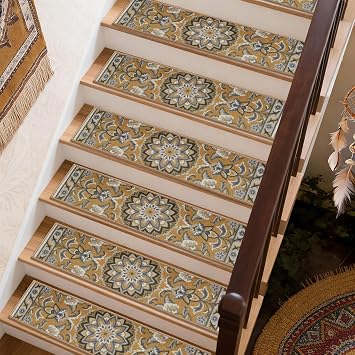 COSY HOMEER Persian-style Floral Patterns Carpet Stair Treads, Nonslip Carpet Stair Pads for Indoor, Washable Reusable Stair Carpet Runners, 76 x 20 cm, 15 pcs