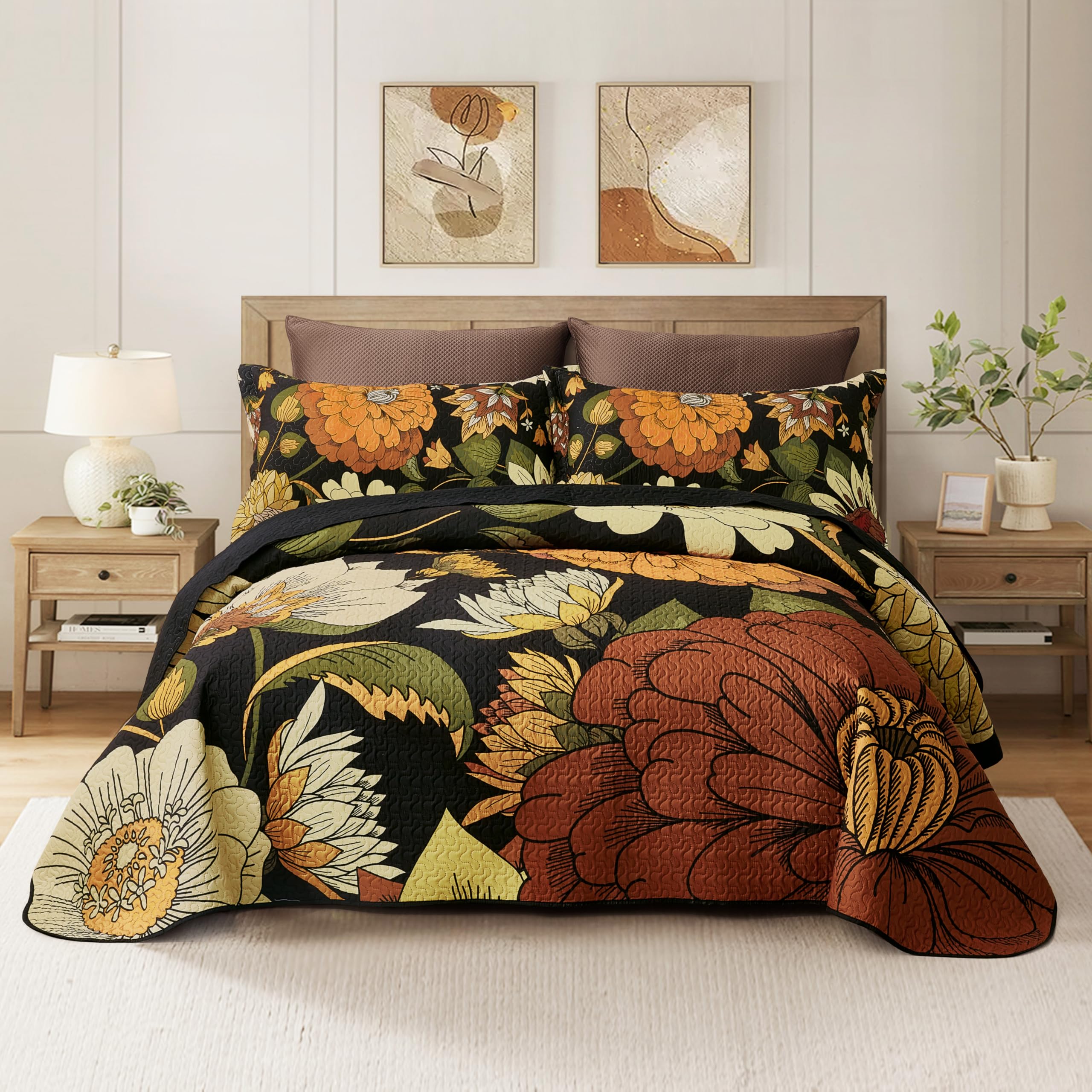 3 Piece Black Boho Floral Full/Queen Quilt Sets Reversible Farmhouse Botanical Lightweight Bedspread Coverlet with 2 Shams Mid Century Microfiber Bedding Quilts Set for All Season, 90''x96''