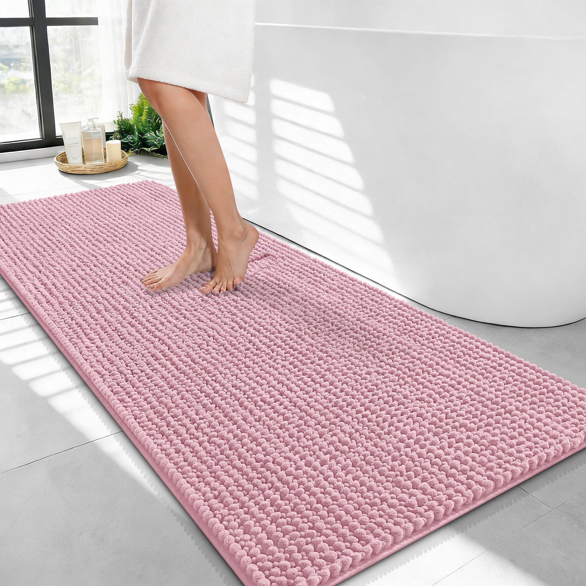 OLANLY Thick Chenille Bathroom Runner Rugs Mats 44x24, Dusty Rose
