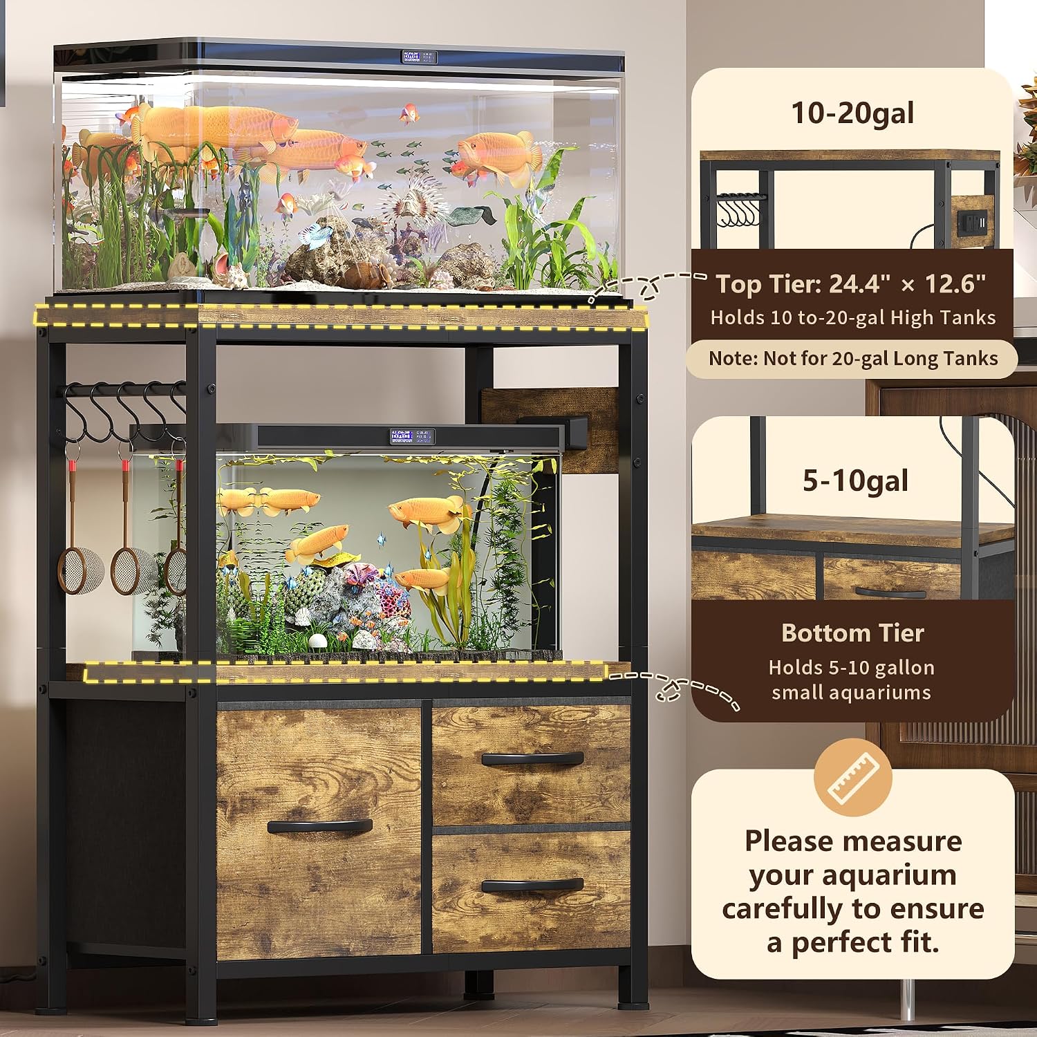 Diagram showing dimensions and tank compatibility for Heybly Aquarium Stand