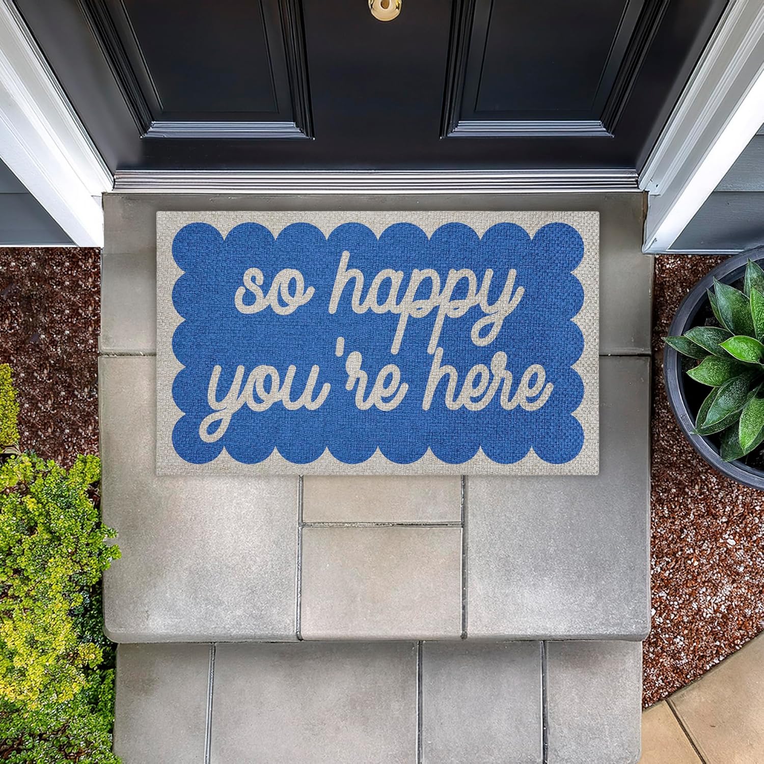 Stupell Industries So Happy You're Here Outdoor Door Mat, Durable Non-Slip Woven Natural Texture Mat with Recycled Rubber Backing, Weather-Resistant Friendly Greeting Design by Lil' Rue, 18"x30"