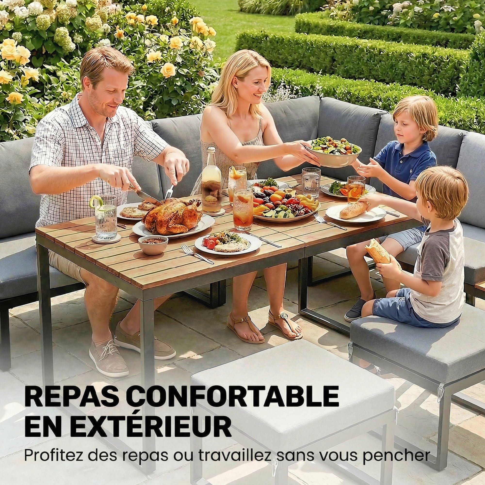 Outsunny Salon de Jardin Extérieur 6-8 Personnes Meuble de Jardin Gris | Aluminium, Table Haute Dînatoire, Canapé d'Angle, Plateaux Latéraux Bois Composite, Mobilier de Terrasse