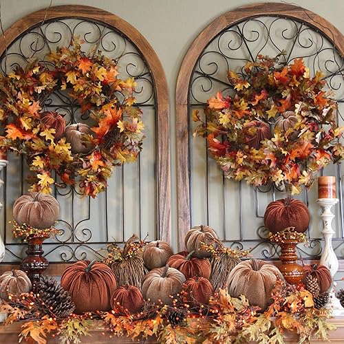 Miniatura 5 de Woration 16 piezas de terciopelo de tamaño surtido de calabaza artificial decoración de tela envuelta en otoño cosecha calabaza otoño mesa centro de