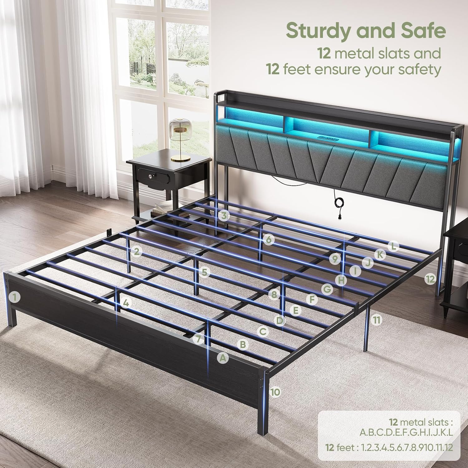 Welzona King Size Bed Frame with Headboard, Metal Platform Bed with LED Lights & Charging Station, 2-Tier Storage, Sturdy and Easy Assembly, Under Bed Storage, No Box Spring Needed, Noise Free, Black