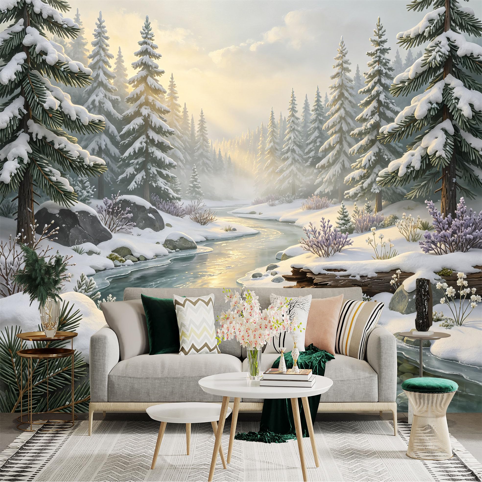 Lnzczhyre Bh260719629 Custom Size Wall Sticker Mural， Snowy Winter Forest， Frozen River Landscape， Soft Sunlight Glow， Nature Scenery， For Wall Decoration， Peelandstick Wall Decals.