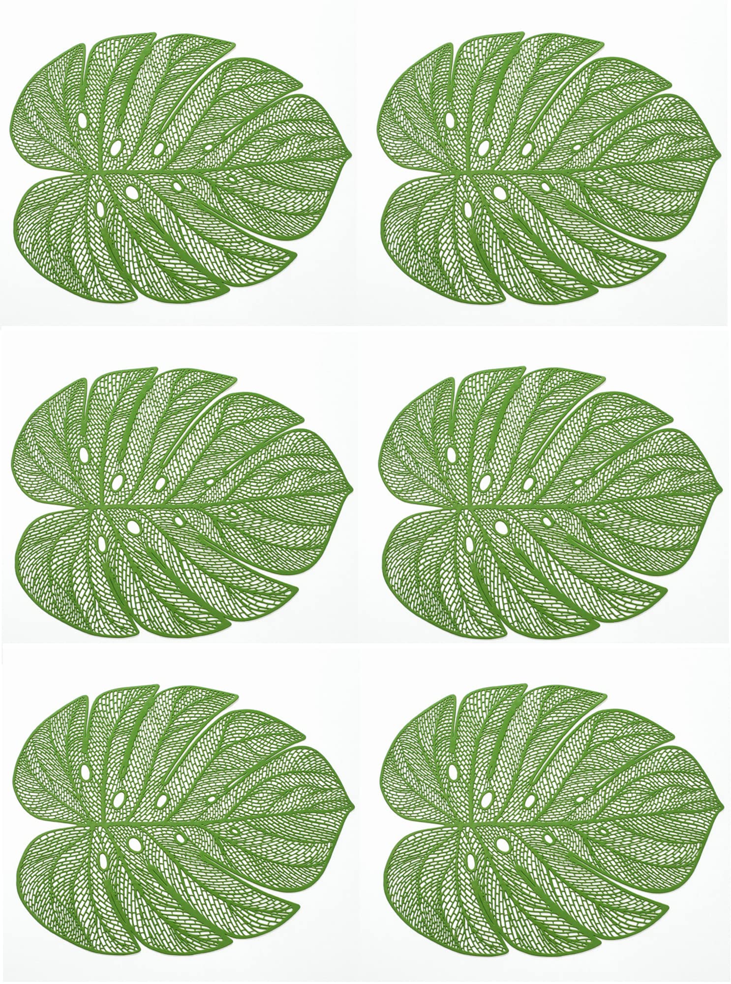 ELECDON Green Leaf Shaped Vinyl Placemats for Dinner Table Set of 6 Metallic Plastic Place Mats Wipeable Table Mats for Wedding Annersary Dinner Table Decoration (45x35cm)