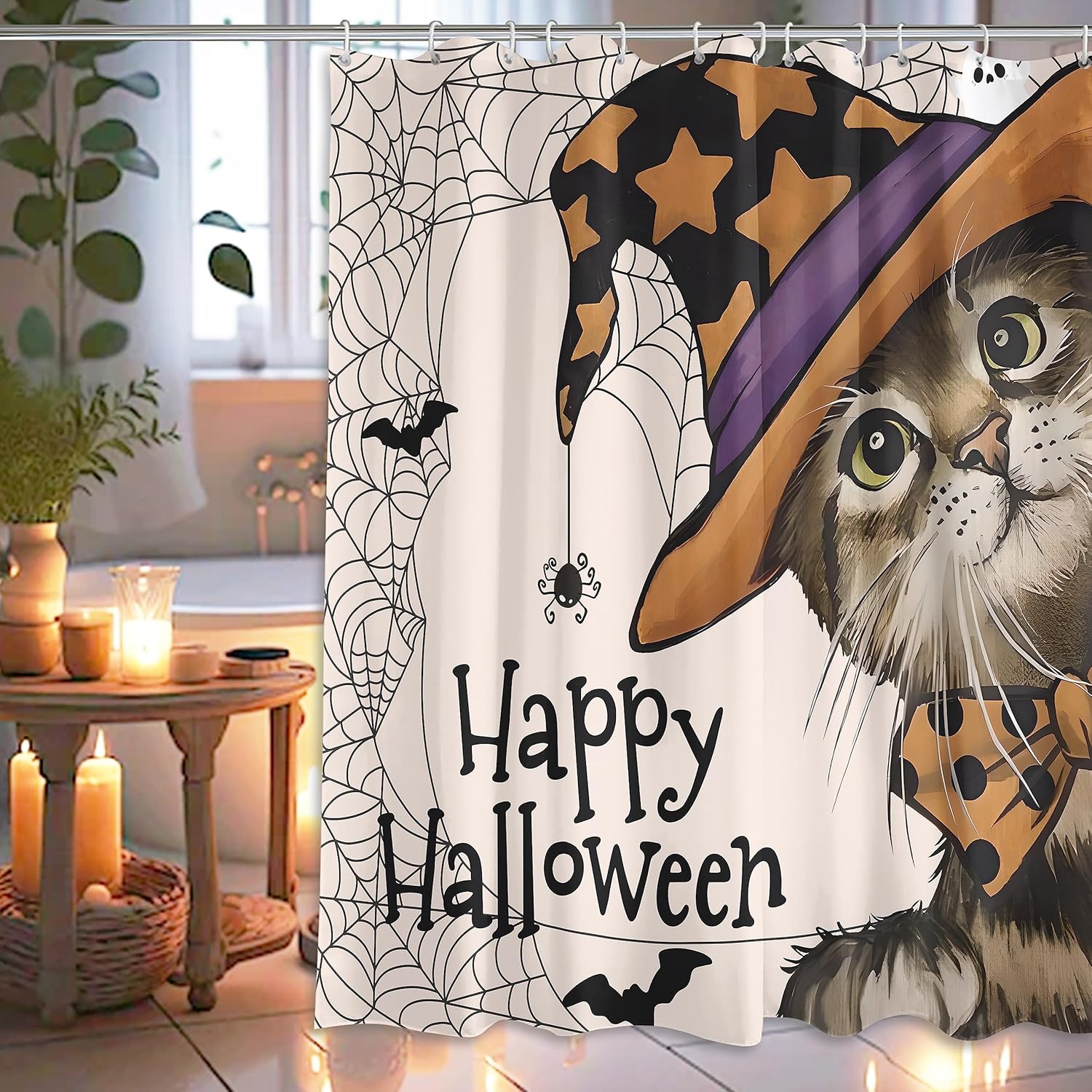 Happy Halloween Shower Curtain, Cat Curtains for Bathroom, Spooky Home Decor Waterproof Fabric with Hooks 72x72 Inch