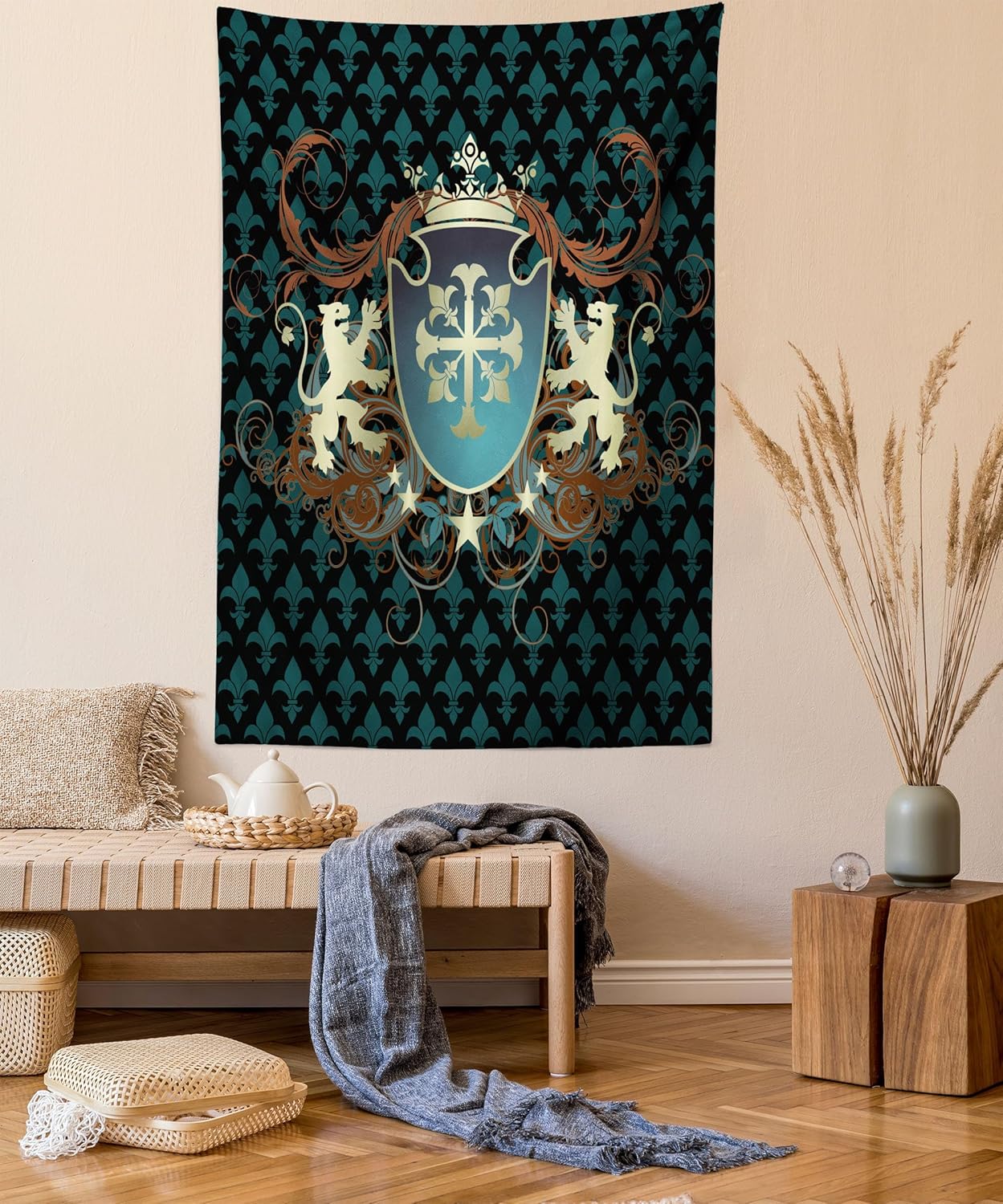Ambesonne Medieval Tapestry, Heraldic Design from Middle Ages Coat of Arms Crown Lions and Swirls, Wall Hanging for Bedroom Living Room Dorm Decor, 60" X 80", Teal Cinnamon