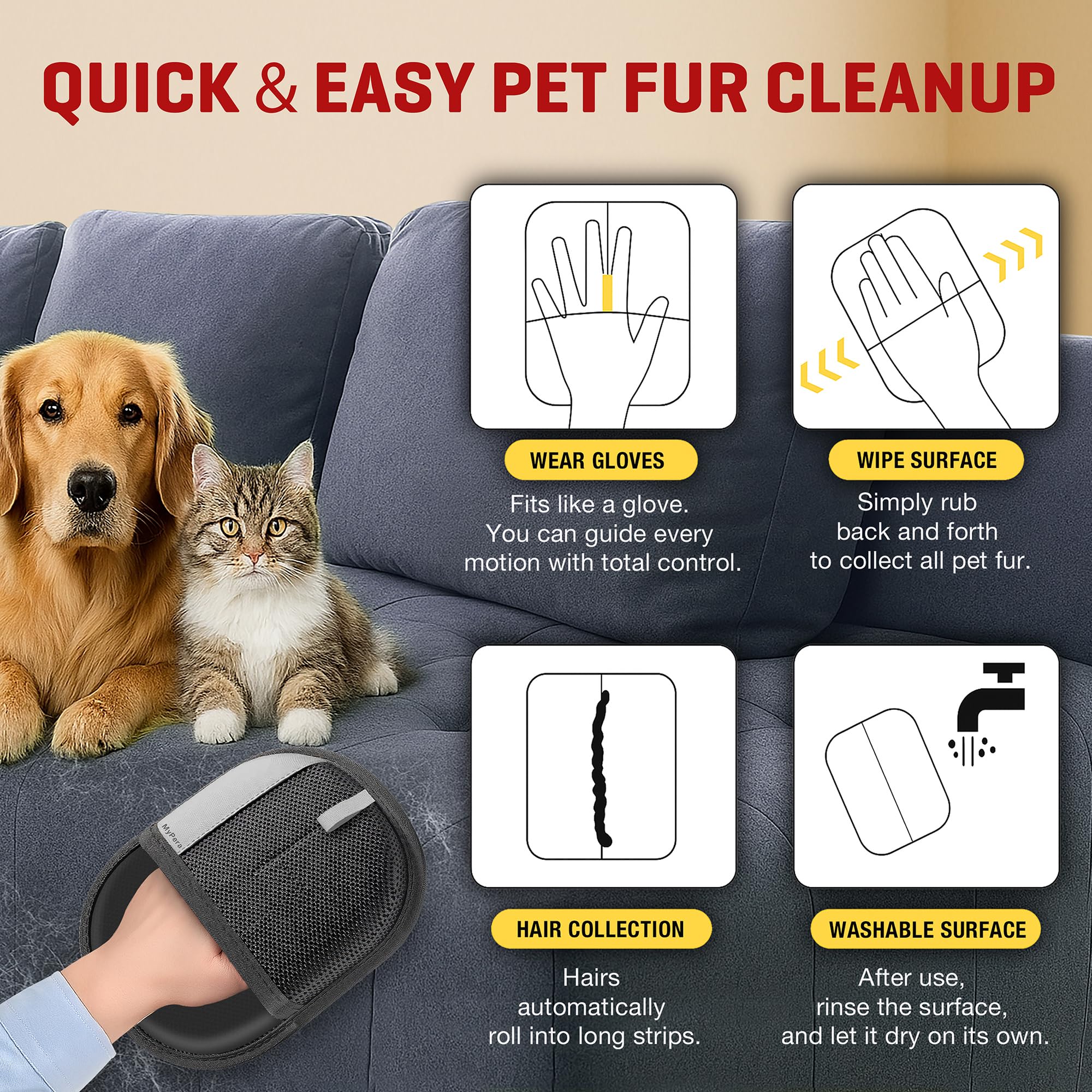 2 guantes de depilación de mascotas para perros y gatos, guantes electrostáticos reutilizables para pelo de mascotas, herramienta para quitar pelo de mascotas con cepillo mágico para ropa, sofá