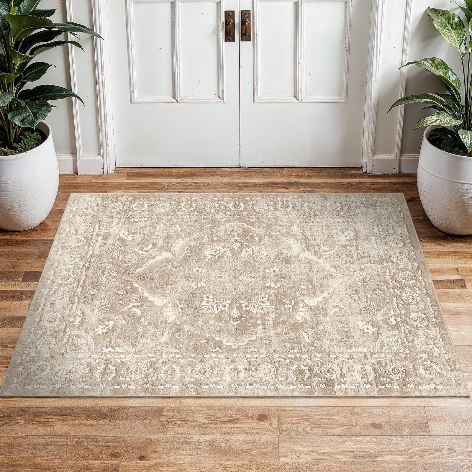 2x3 Washable Area Rug for Entryway: Throw Vintage Neutral Rugs NaturalBeige
